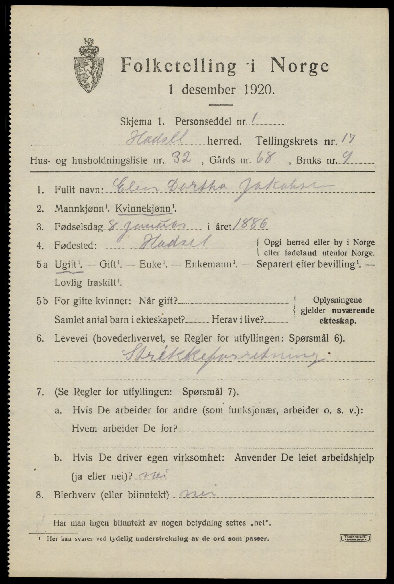 SAT, 1920 census for Hadsel, 1920, p. 16088