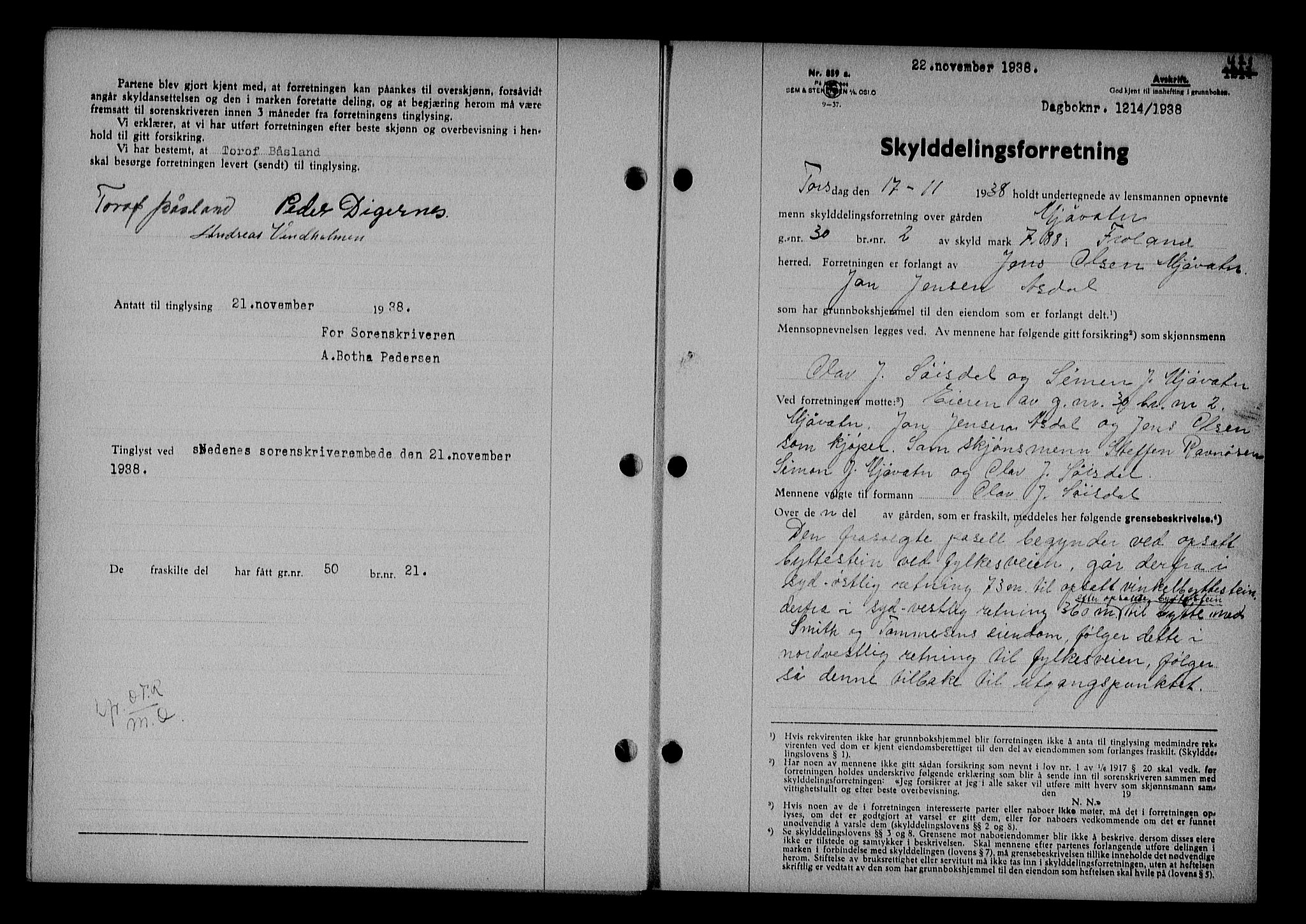 Nedenes sorenskriveri, SAK/1221-0006/G/Gb/Gba/L0045: Mortgage book no. 41, 1938-1938, Diary no: : 1214/1938