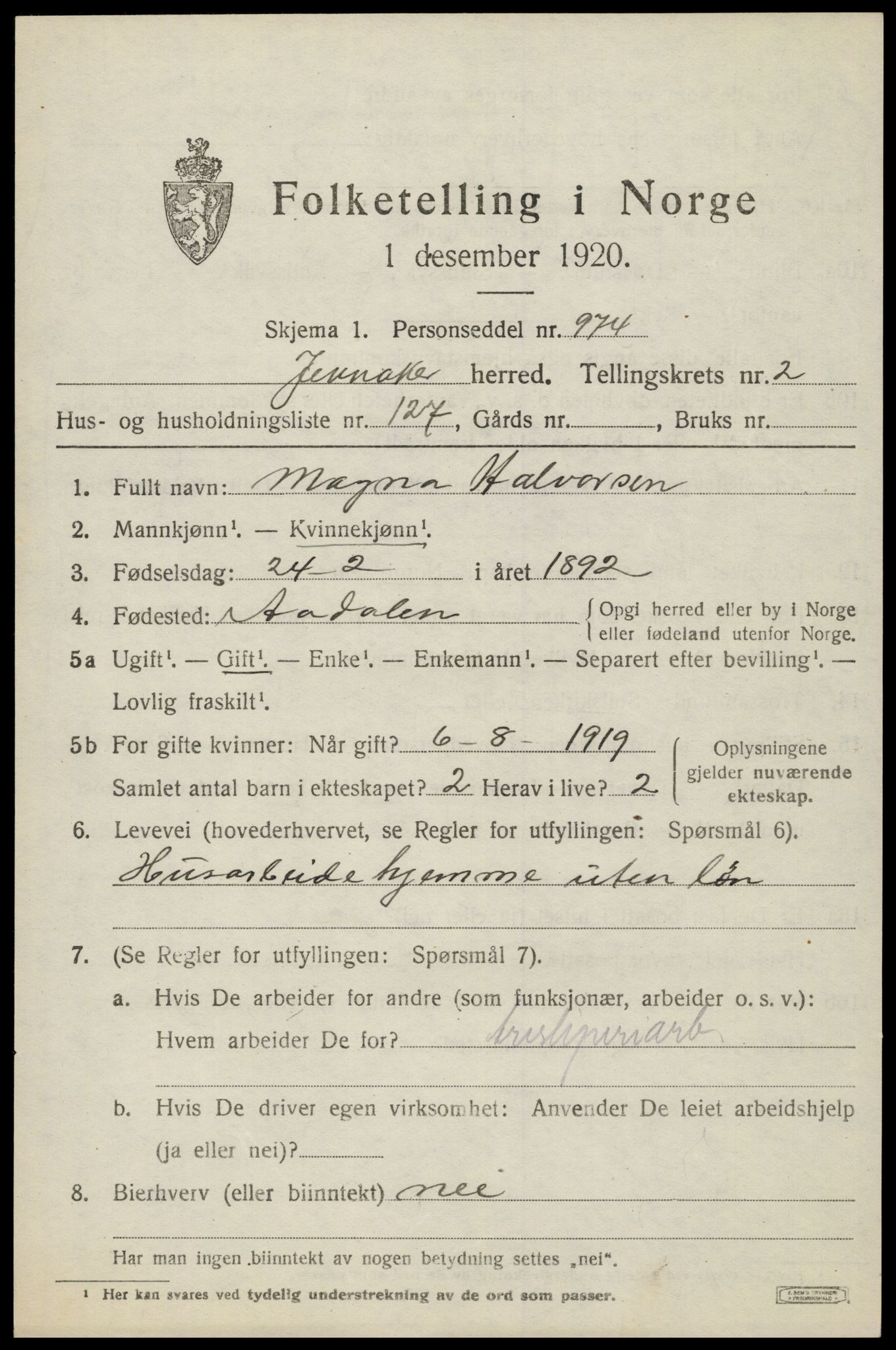 SAH, 1920 census for Jevnaker, 1920, p. 3347