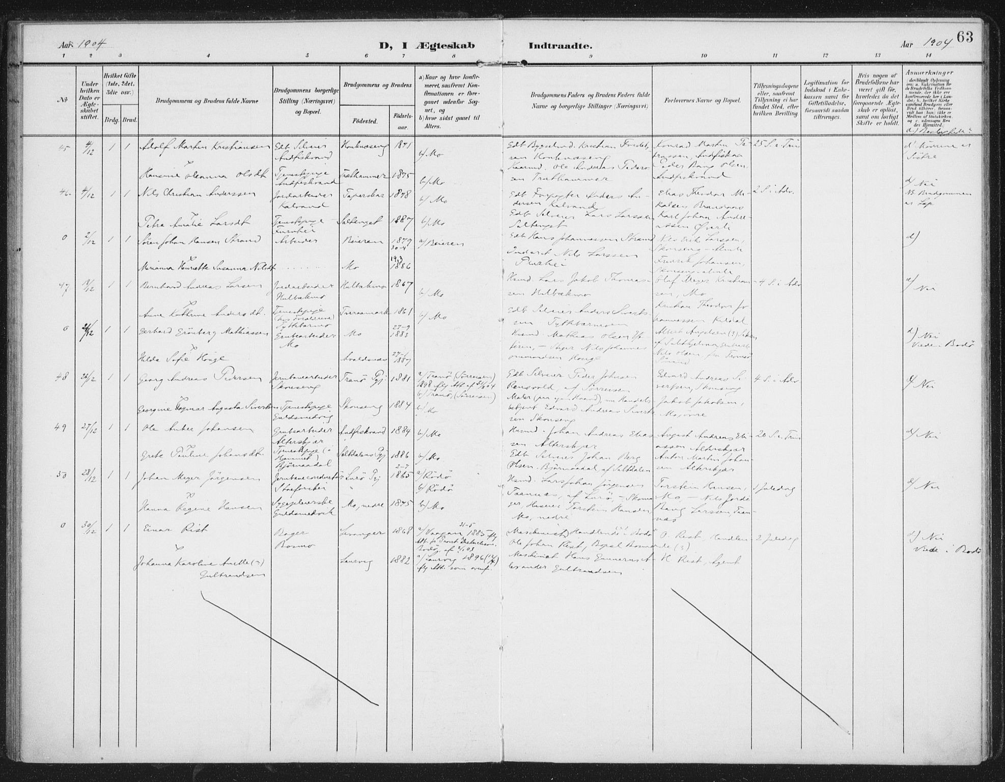 Ministerialprotokoller, klokkerbøker og fødselsregistre - Nordland, AV/SAT-A-1459/827/L0403: Parish register (official) no. 827A15, 1903-1912, p. 63