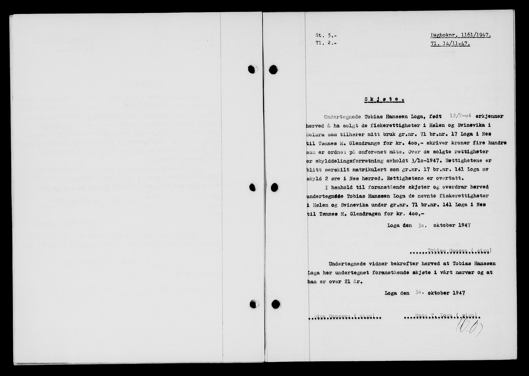 Flekkefjord sorenskriveri, SAK/1221-0001/G/Gb/Gba/L0063: Mortgage book no. A-11, 1947-1948, Diary no: : 1161/1947