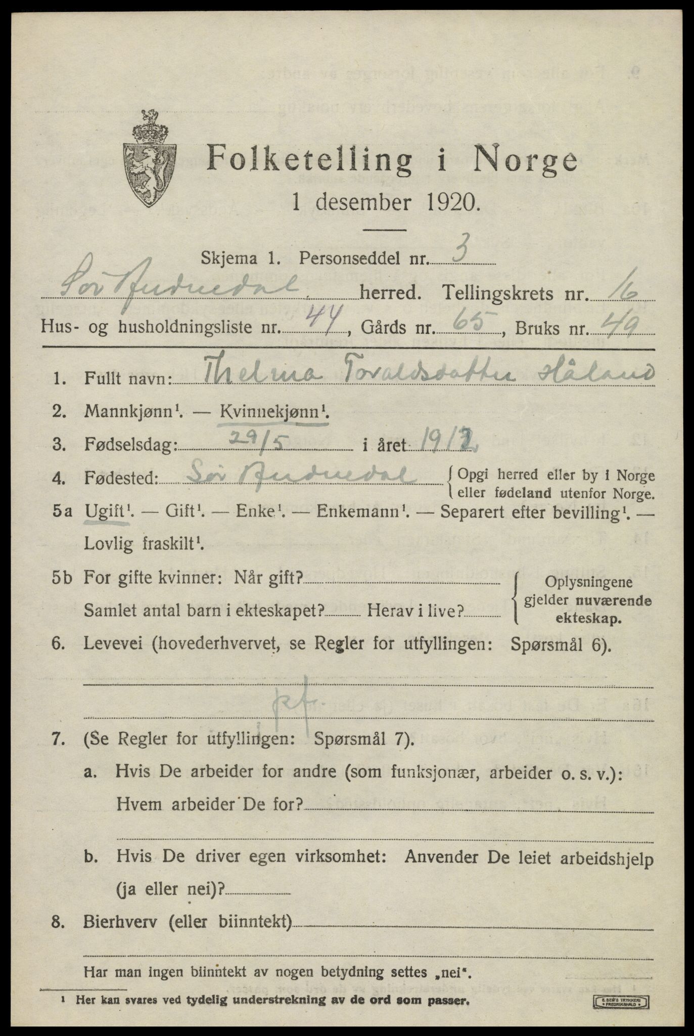 SAK, 1920 census for Sør-Audnedal, 1920, p. 6267