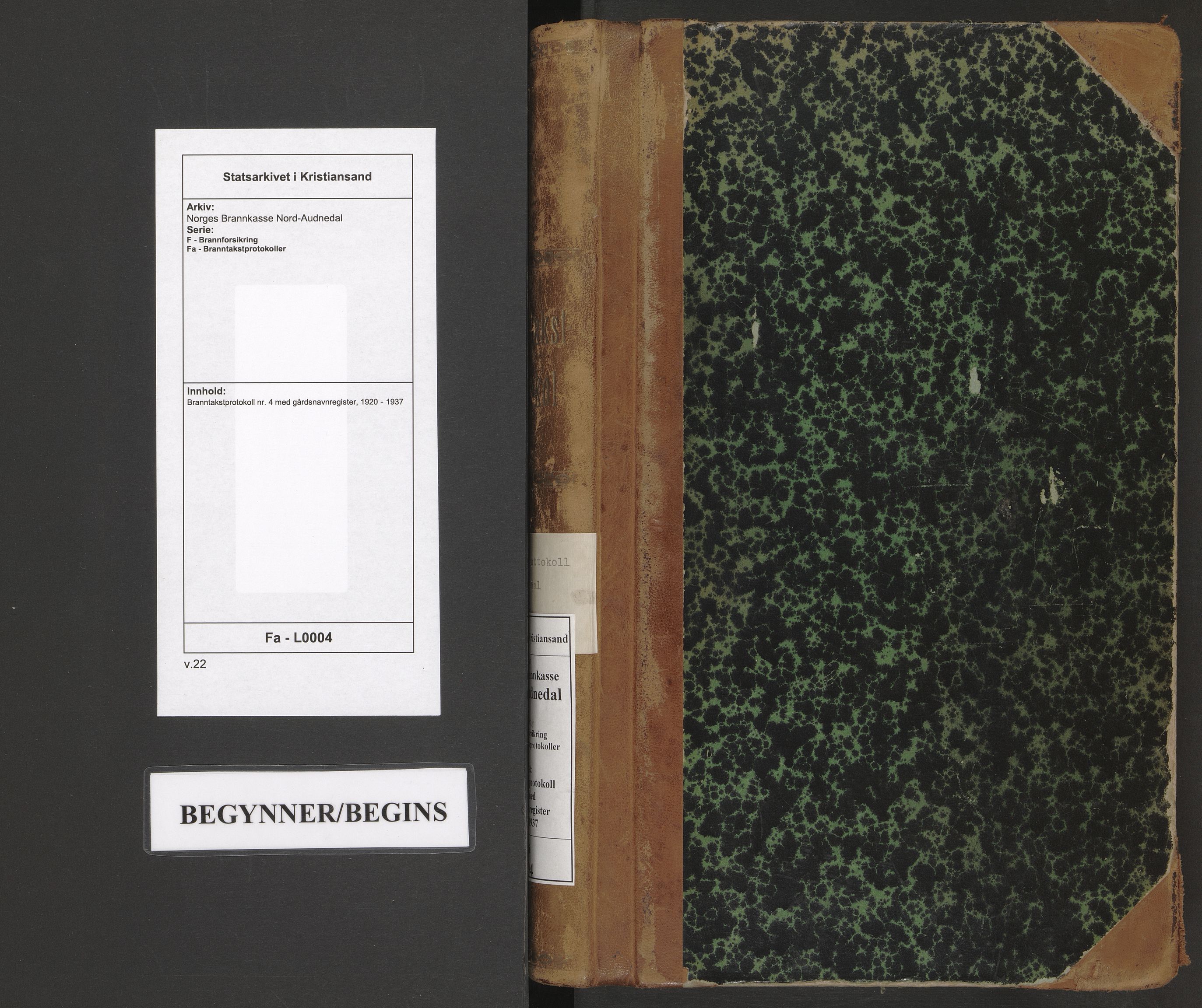 Norges Brannkasse Nord-Audnedal, AV/SAK-2241-0041/F/Fa/L0004: Branntakstprotokoll nr. 4 med gårdsnavnregister, 1920-1937