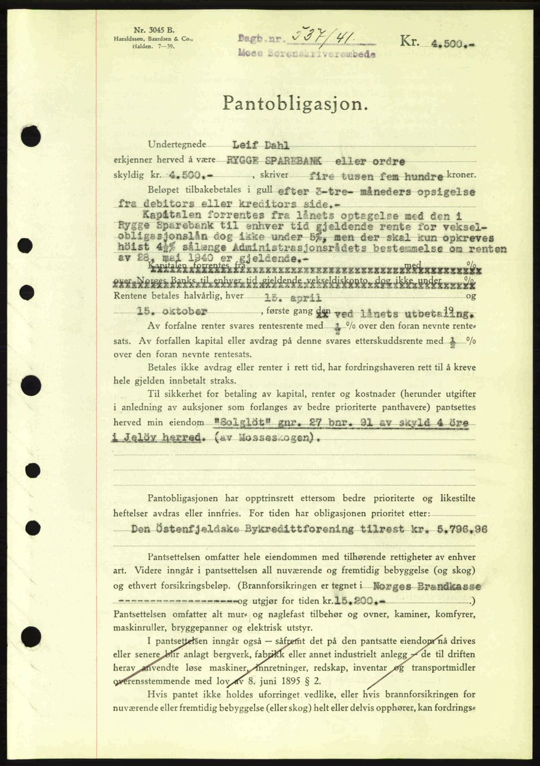 Moss sorenskriveri, SAO/A-10168: Mortgage book no. B10, 1940-1941, Diary no: : 537/1941