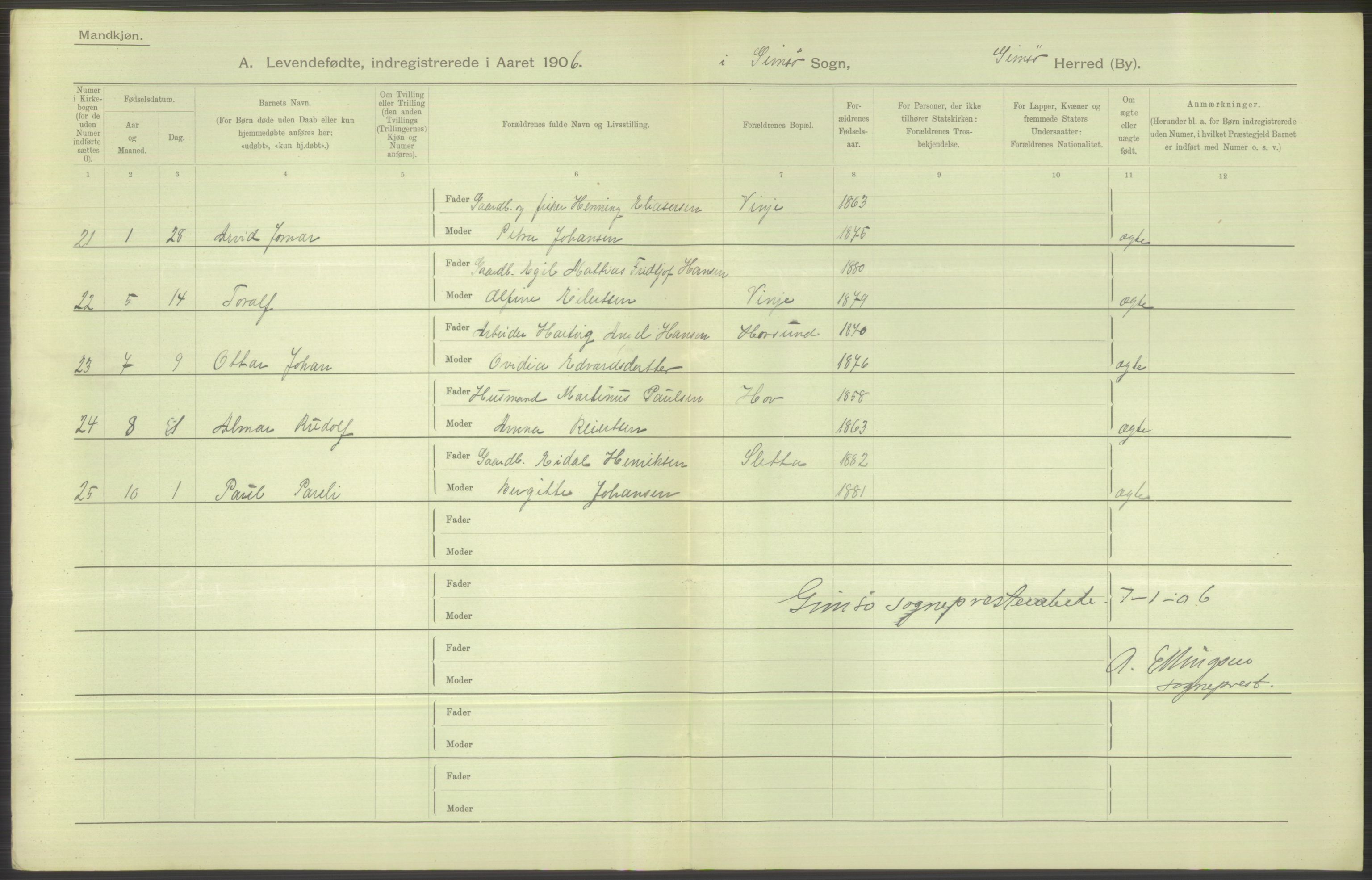 Statistisk sentralbyrå, Sosiodemografiske emner, Befolkning, AV/RA-S-2228/D/Df/Dfa/Dfad/L0044: Nordlands amt: Levendefødte menn og kvinner. Bygder., 1906, p. 134