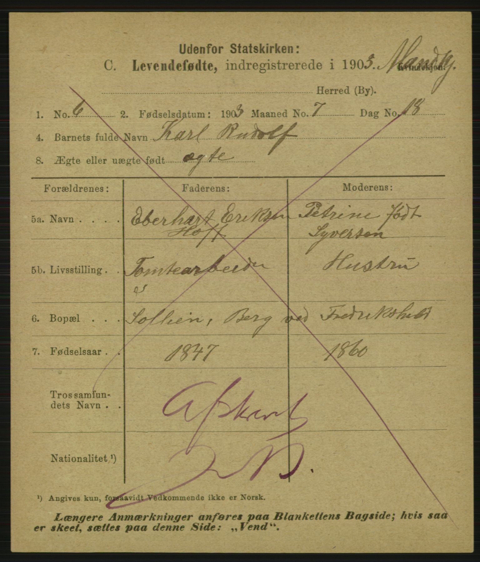 Statistisk sentralbyrå, Sosiodemografiske emner, Befolkning, AV/RA-S-2228/E/L0001: Fødte, gifte, døde dissentere., 1903, p. 3193