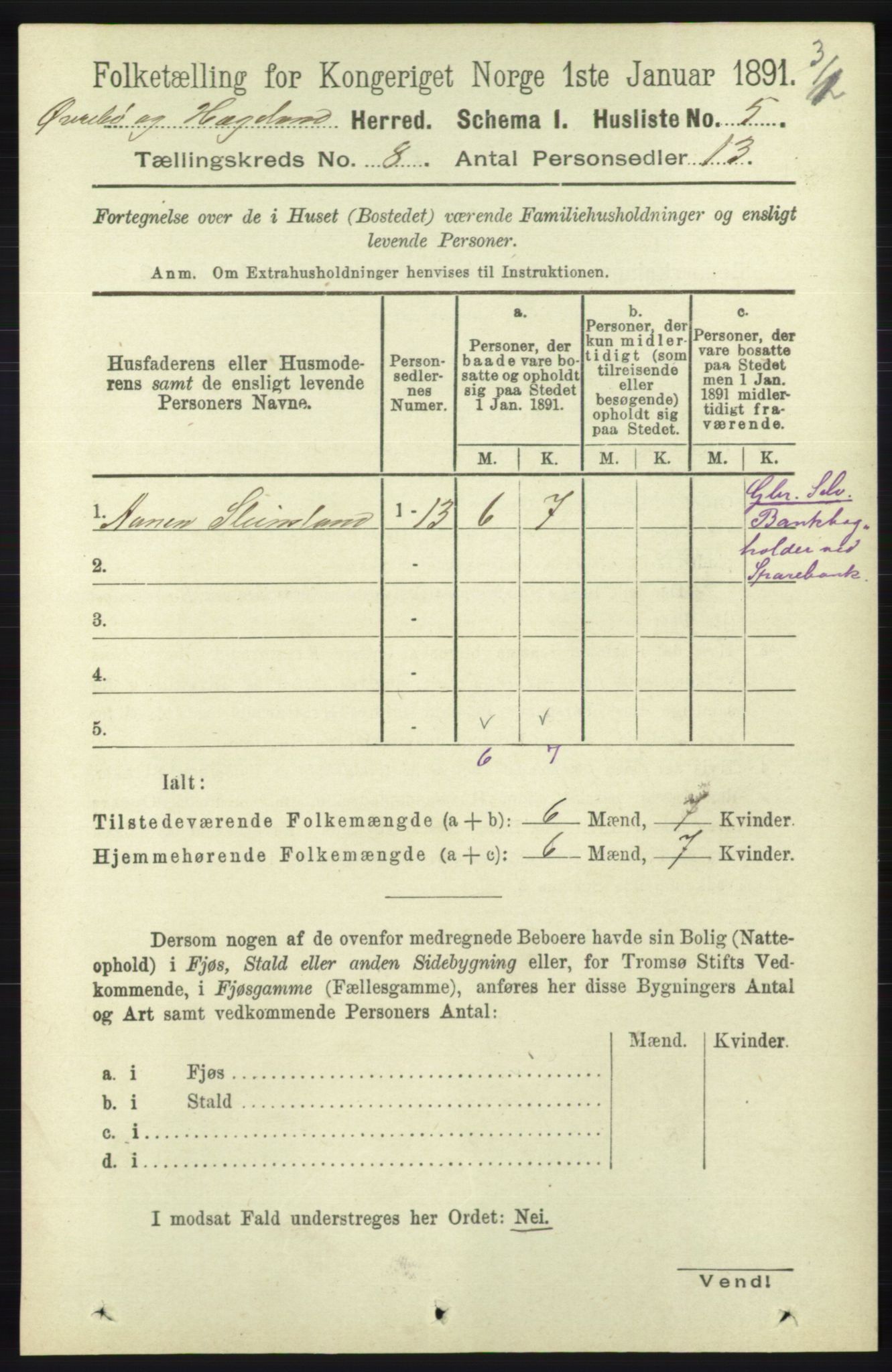 RA, 1891 census for 1016 Øvrebø og Hægeland, 1891, p. 1436