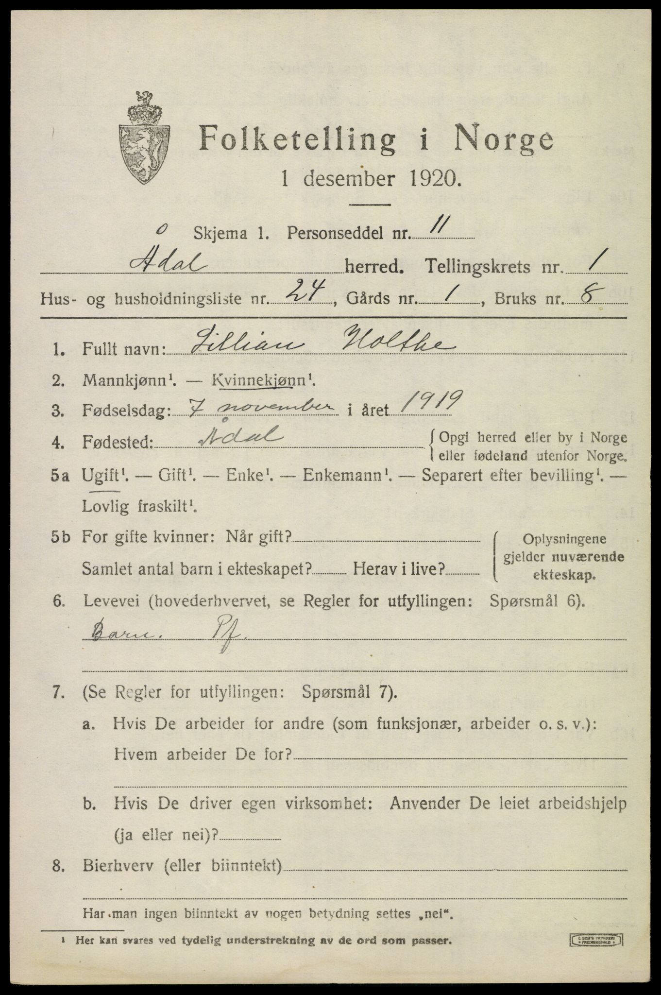 SAKO, 1920 census for Ådal, 1920, p. 1606