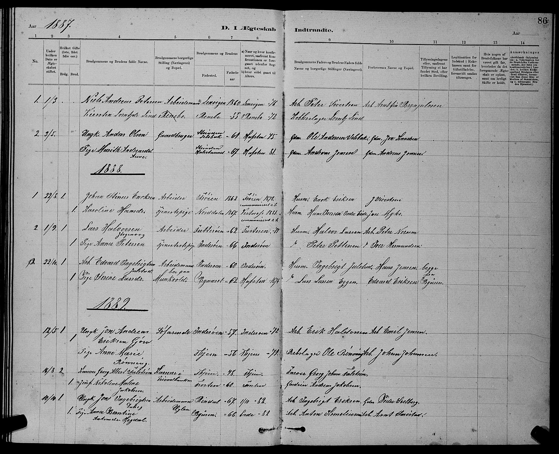 Ministerialprotokoller, klokkerbøker og fødselsregistre - Sør-Trøndelag, SAT/A-1456/611/L0354: Parish register (copy) no. 611C02, 1881-1896, p. 86