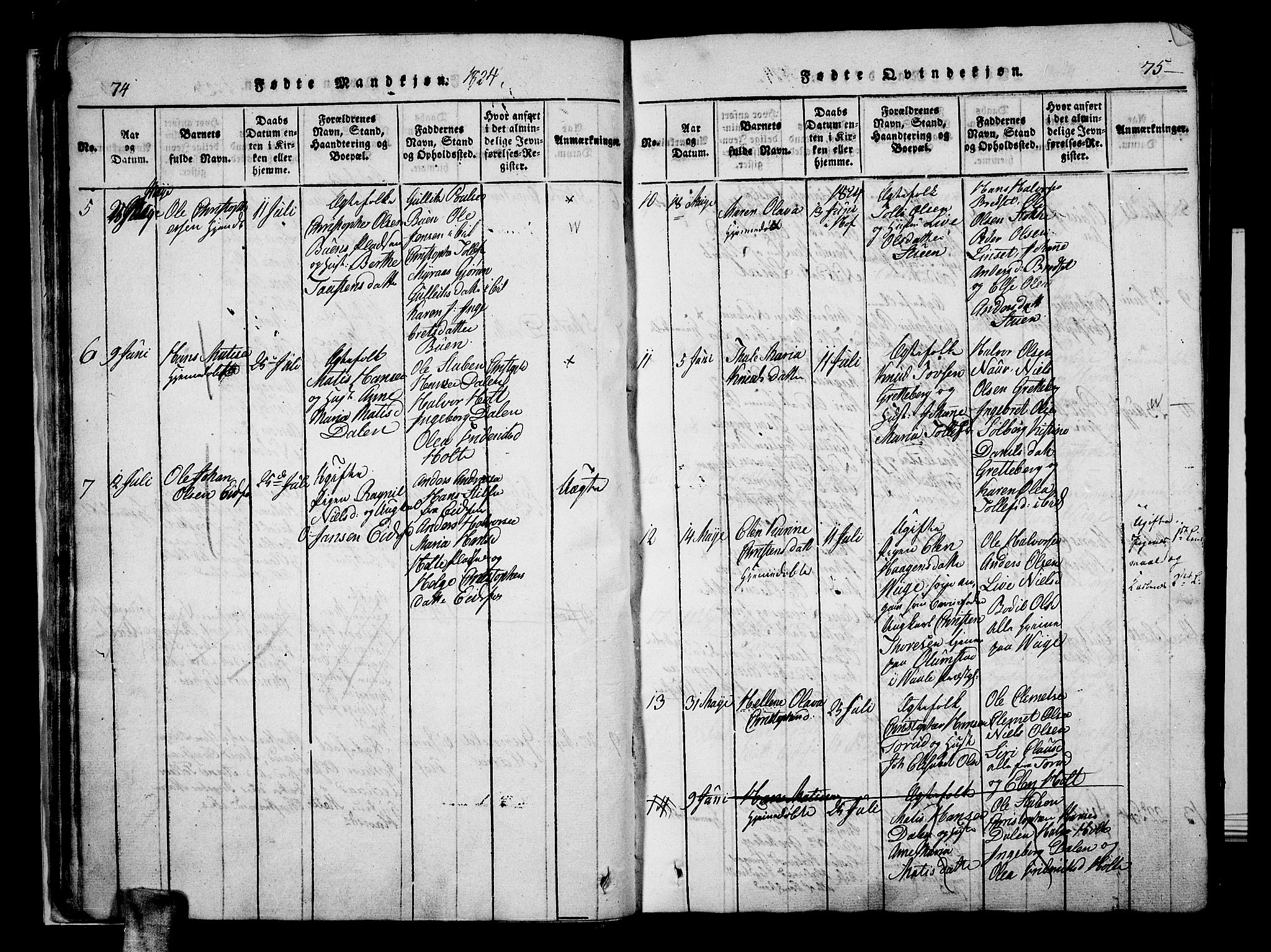 Hof kirkebøker, AV/SAKO-A-64/F/Fa/L0004: Parish register (official) no. I 4, 1814-1843, p. 74-75