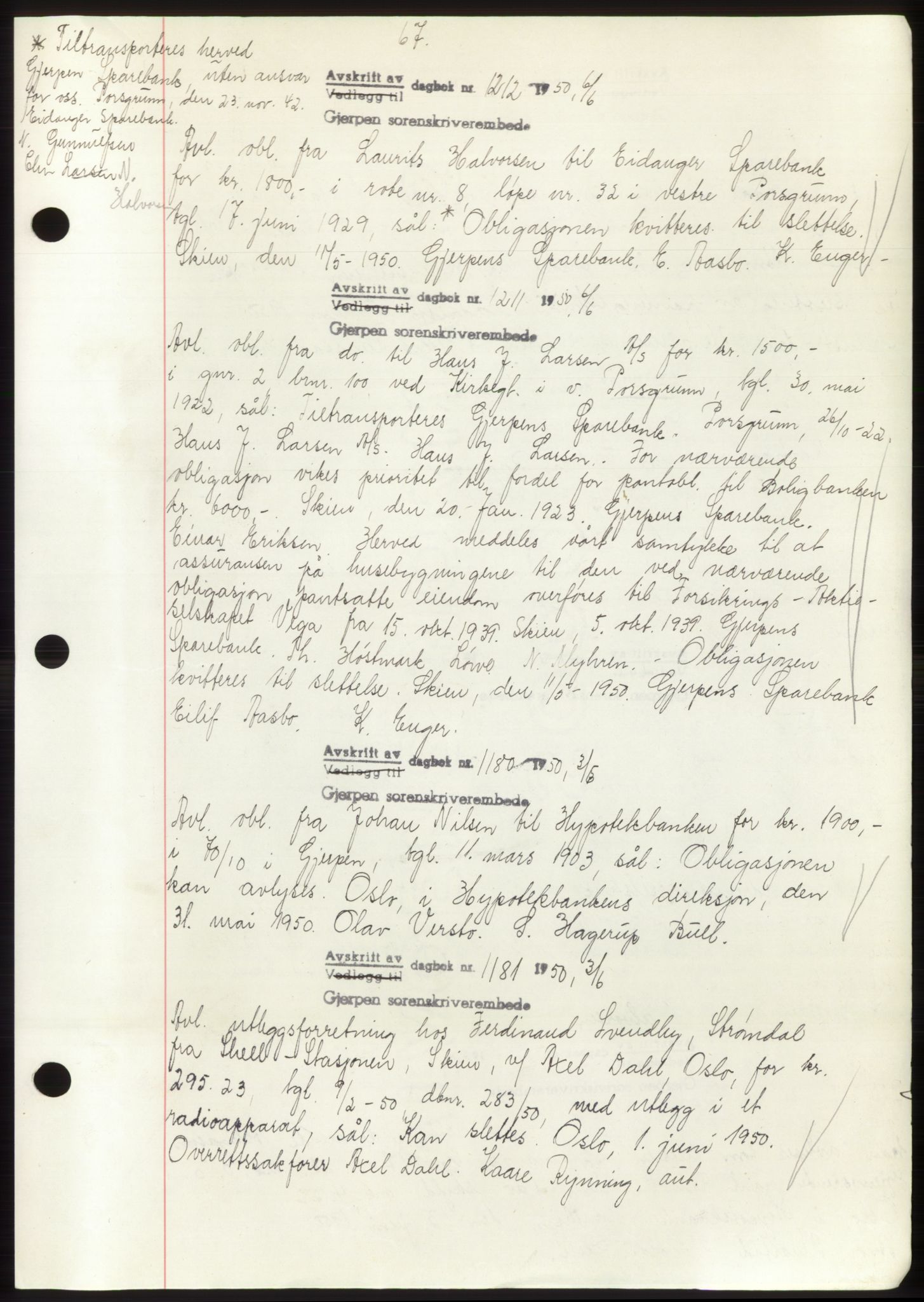 Gjerpen sorenskriveri, AV/SAKO-A-216/G/Ga/Gaf/L0009: Mortgage book no. B-84 - B-85, 1950-1950, Diary no: : 1212/1950