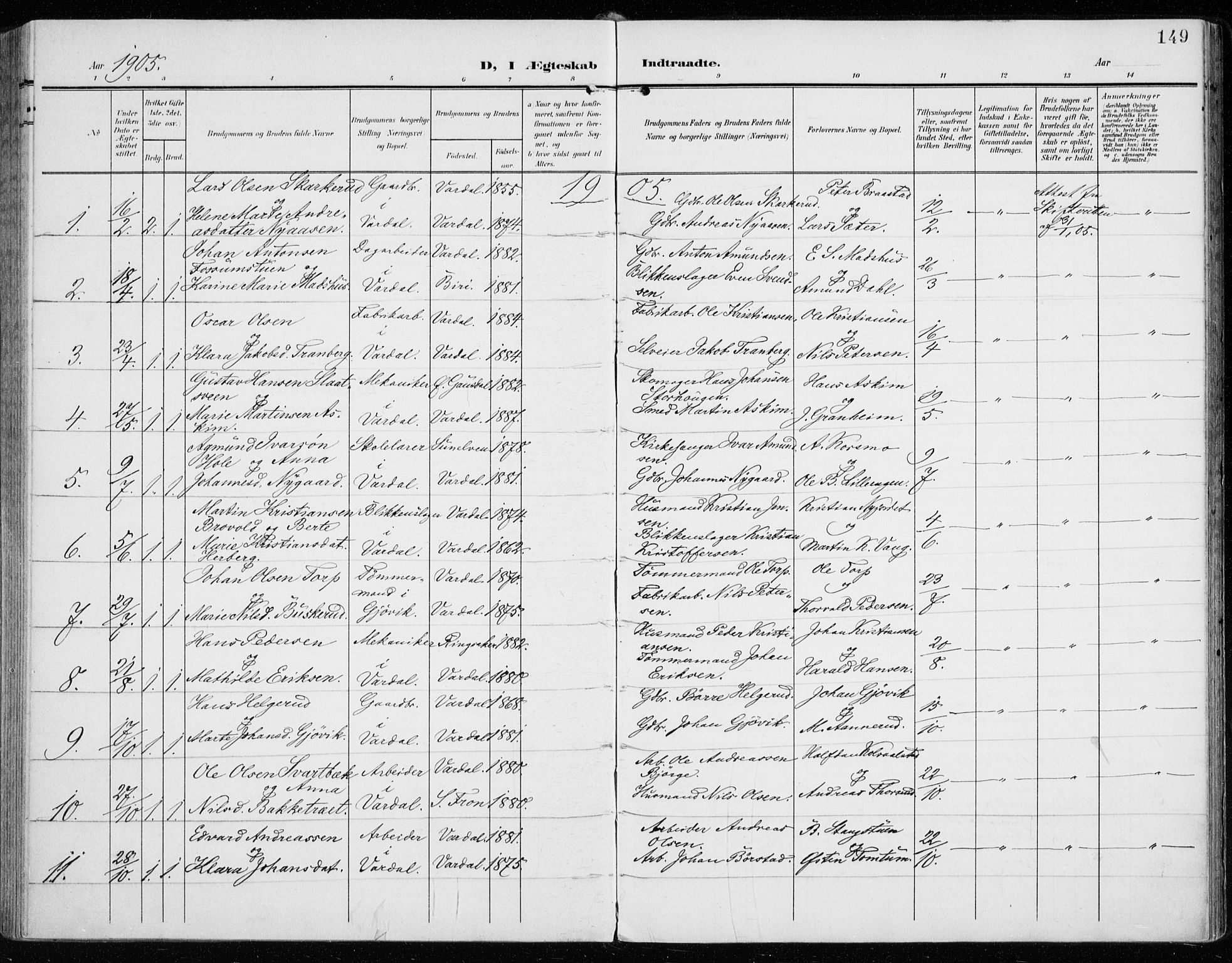 Vardal prestekontor, SAH/PREST-100/H/Ha/Haa/L0016: Parish register (official) no. 16, 1904-1916, p. 149