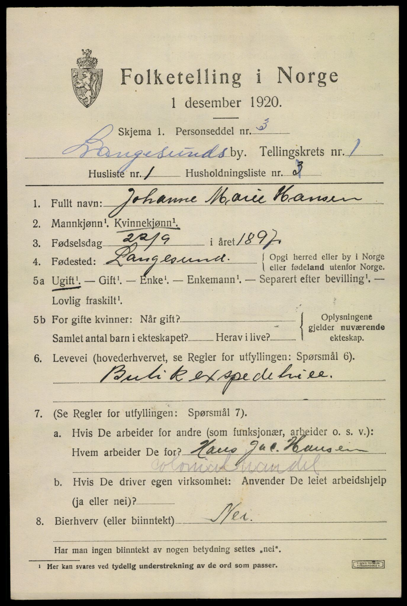 SAKO, 1920 census for Langesund, 1920, p. 1663