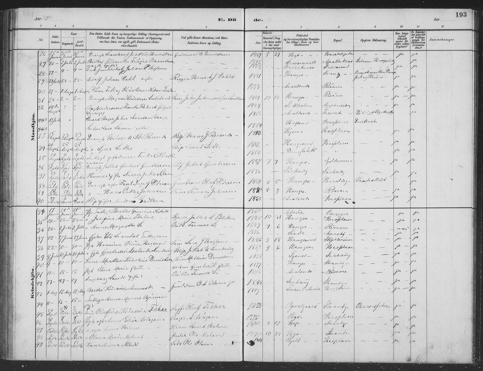 Haugesund sokneprestkontor, SAST/A -101863/H/Ha/Hab/L0002: Parish register (copy) no. B 2, 1881-1894, p. 193