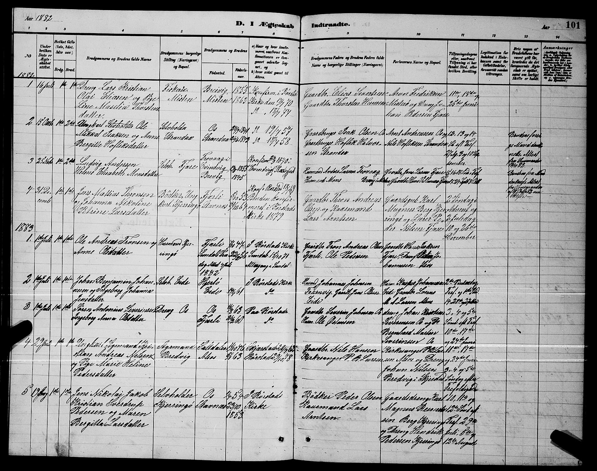 Ministerialprotokoller, klokkerbøker og fødselsregistre - Nordland, SAT/A-1459/803/L0076: Parish register (copy) no. 803C03, 1882-1897, p. 101