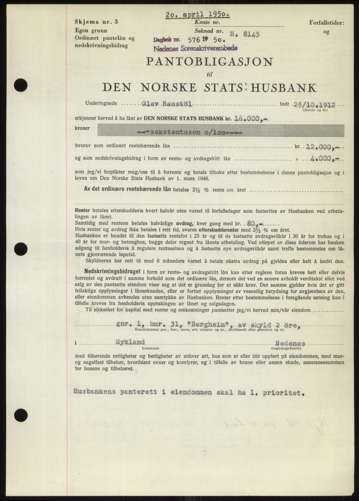 Nedenes sorenskriveri, AV/SAK-1221-0006/G/Gb/Gbb/L0007: Mortgage book no. B7, 1949-1950, Diary no: : 576/1950