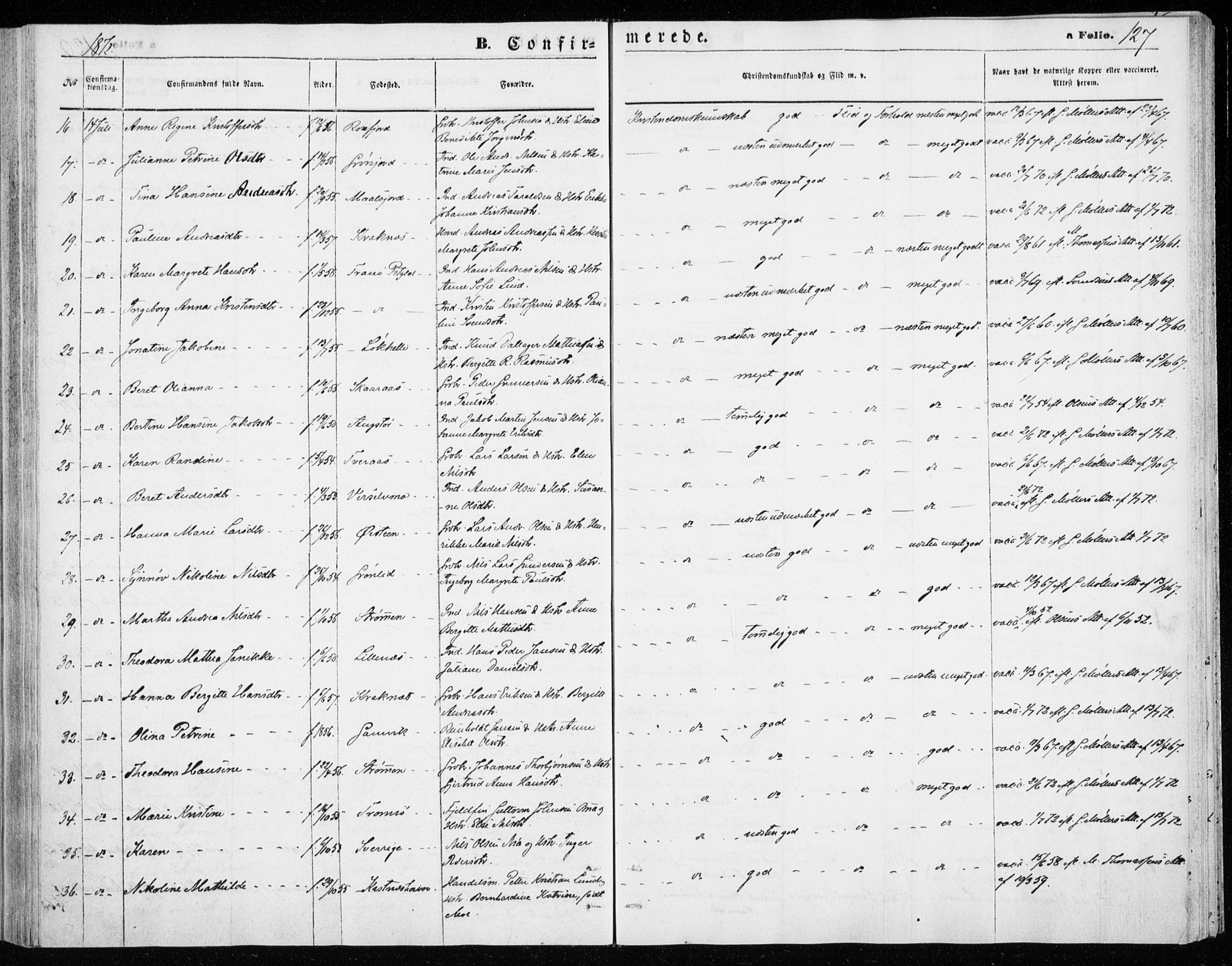 Lenvik sokneprestembete, AV/SATØ-S-1310/H/Ha/Haa/L0009kirke: Parish register (official) no. 9, 1866-1873, p. 127