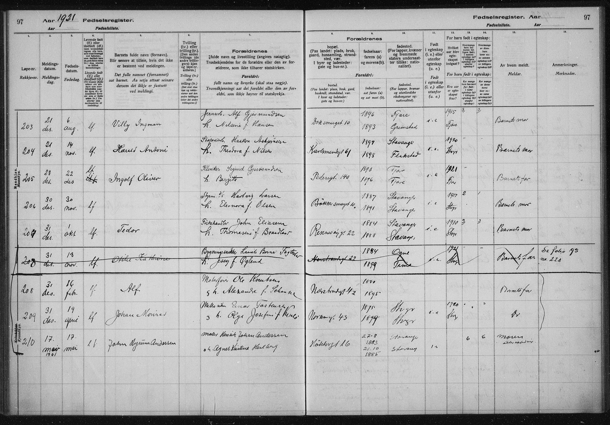 St. Johannes sokneprestkontor, AV/SAST-A-101814/002/A/L0002: Birth register no. 2, 1919-1924, p. 97