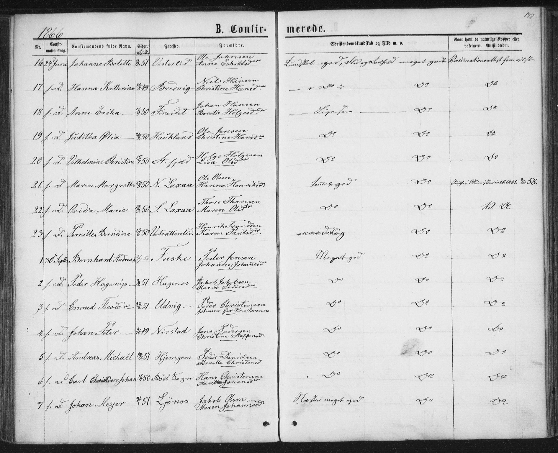 Ministerialprotokoller, klokkerbøker og fødselsregistre - Nordland, AV/SAT-A-1459/852/L0739: Parish register (official) no. 852A09, 1866-1877, p. 147