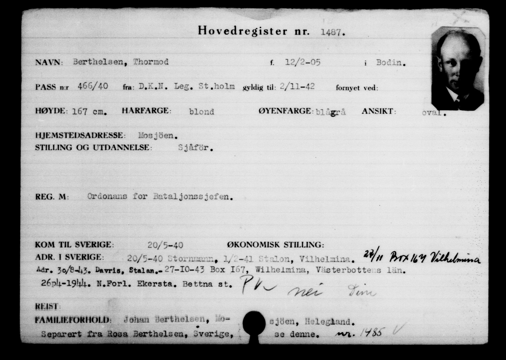 Utenriksstasjonene, Legasjonen i Stockholm, Flyktningkontoret, AV/RA-S-6753/V/Va/L0002: Kjesäterkartoteket, flyktninger med registreringsnr. 1001-2000, 1940-1945, p. 688