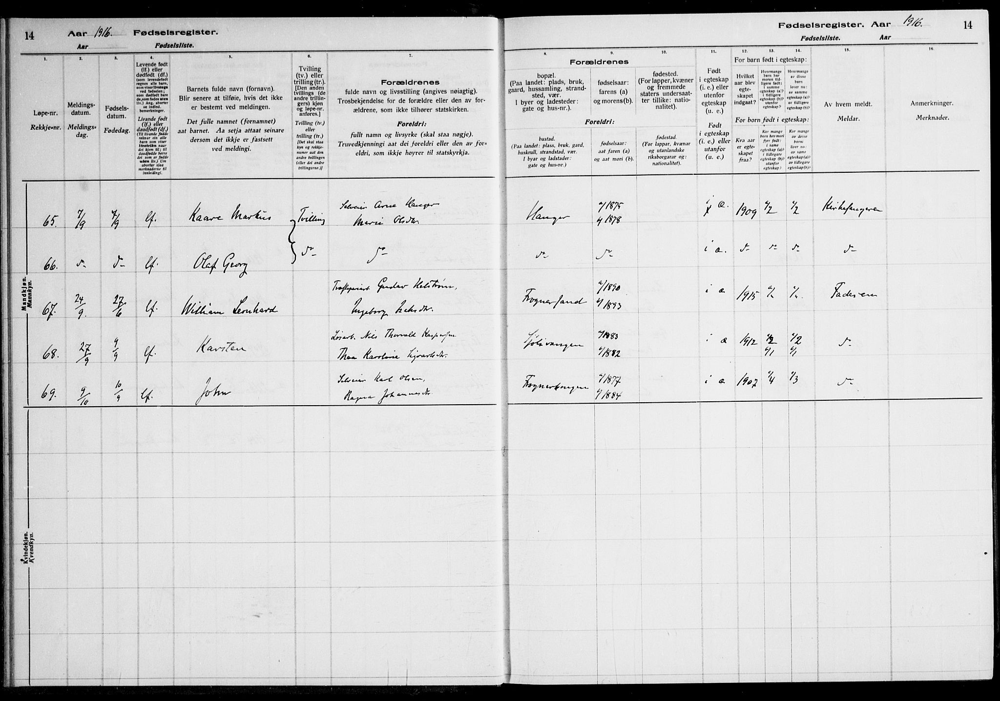 Nes prestekontor Kirkebøker, AV/SAO-A-10410/J/Ja/L0001: Birth register no. 1, 1916-1926, p. 14