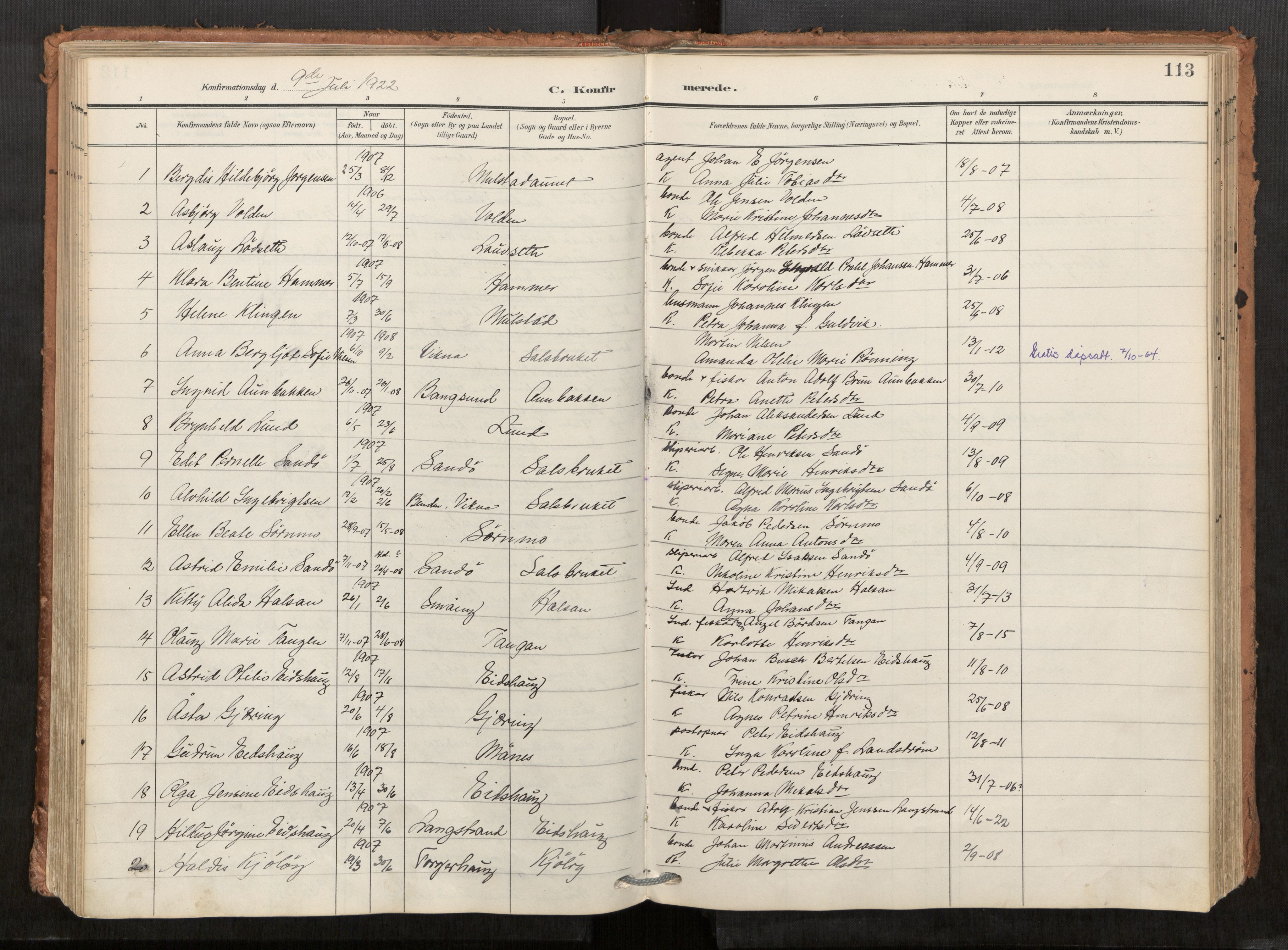 Kolvereid sokneprestkontor, SAT/A-1171/H/Ha/Haa/L0001: Parish register (official) no. 1, 1903-1922, p. 113