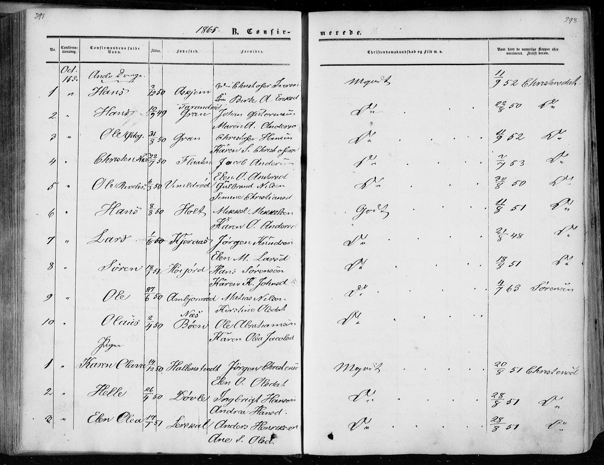 Andebu kirkebøker, AV/SAKO-A-336/F/Fa/L0005: Parish register (official) no. 5, 1857-1870, p. 297-298