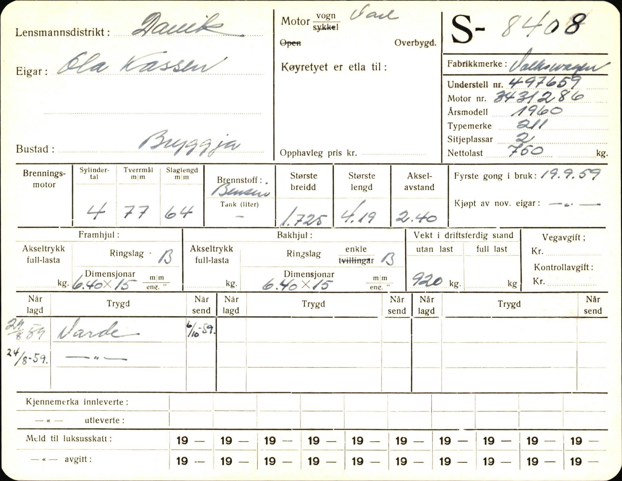 Statens vegvesen, Sogn og Fjordane vegkontor, AV/SAB-A-5301/4/F/L0006: Registerkort utmeldte Fjordane S8300-9500, 1930-1961, p. 175
