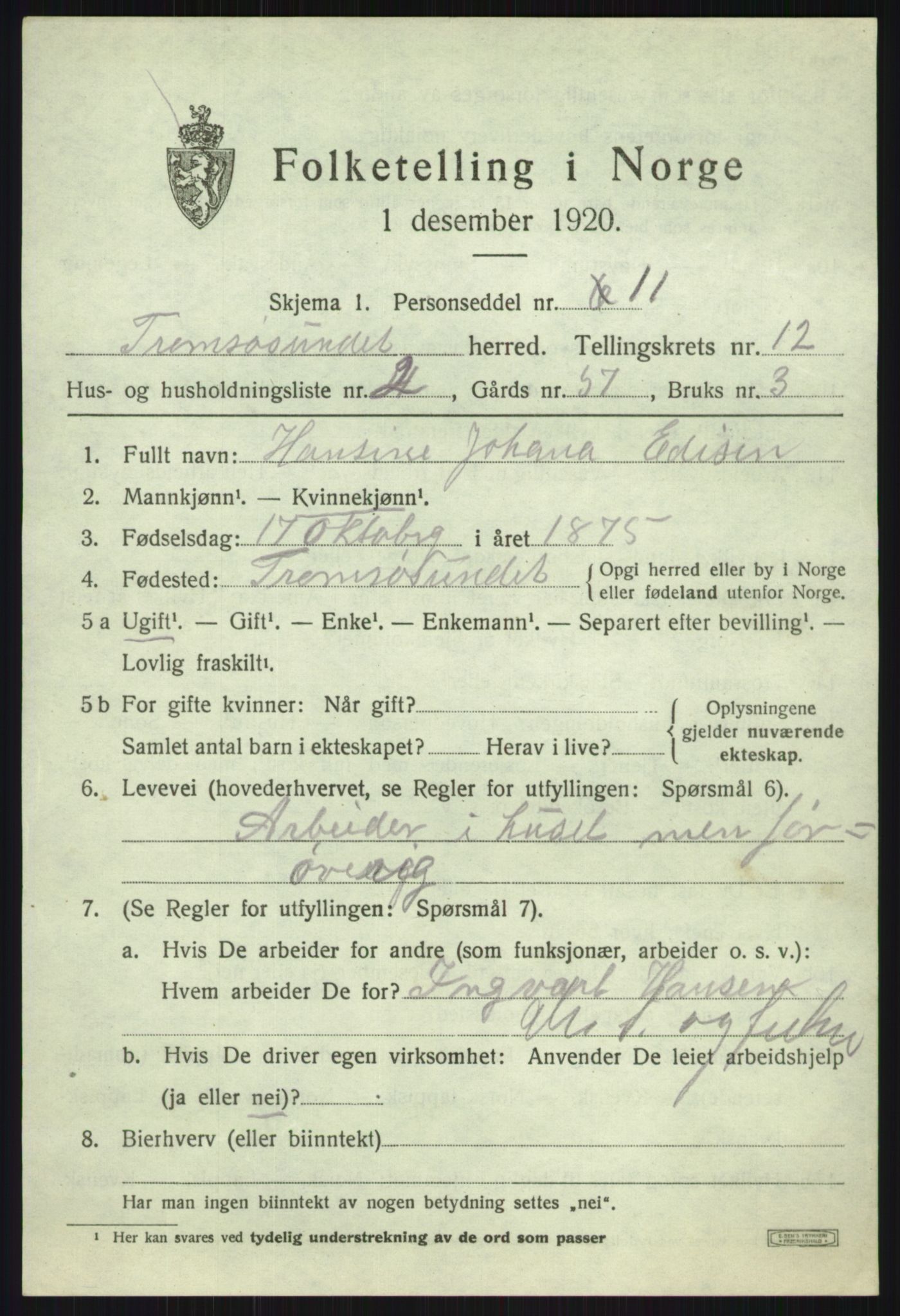 SATØ, 1920 census for Tromsøysund, 1920, p. 7610