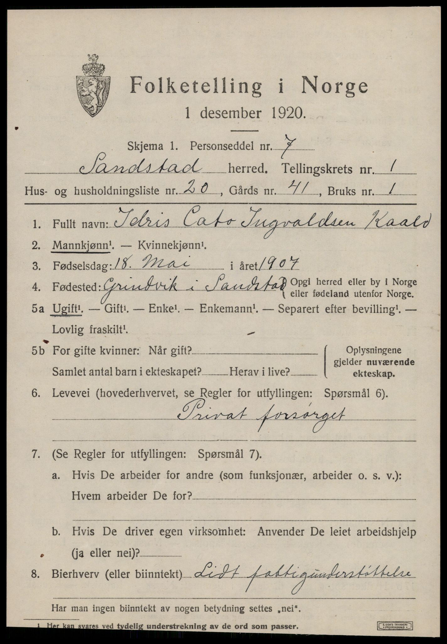 SAT, 1920 census for Sandstad, 1920, p. 643