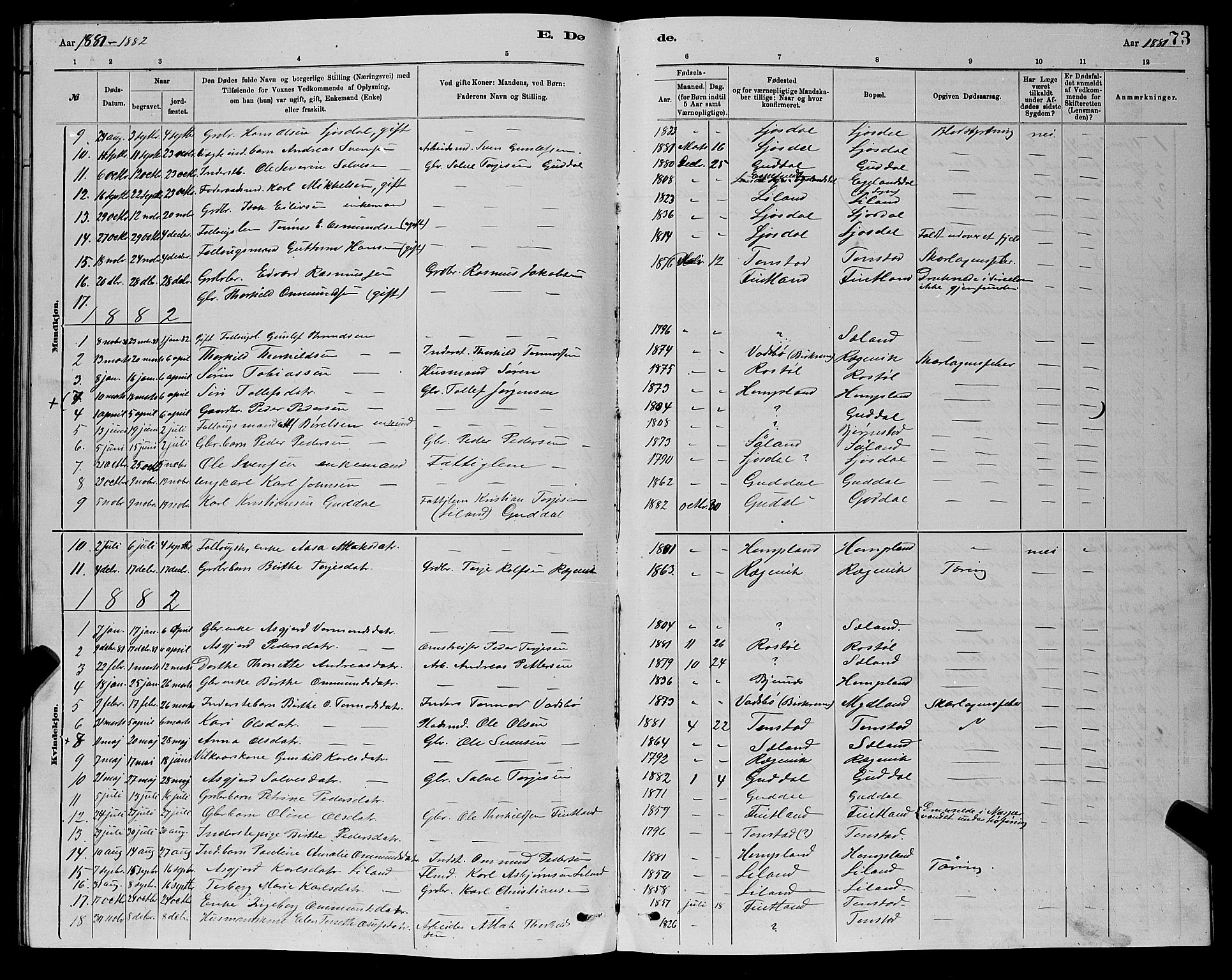 Sirdal sokneprestkontor, AV/SAK-1111-0036/F/Fb/Fbb/L0003: Parish register (copy) no. B 3, 1878-1894, p. 73