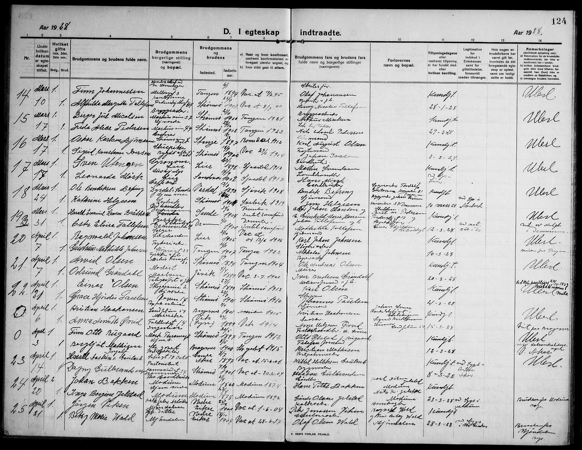 Strømsø kirkebøker, AV/SAKO-A-246/F/Fa/L0027: Parish register (official) no. I 28, 1912-1931, p. 124