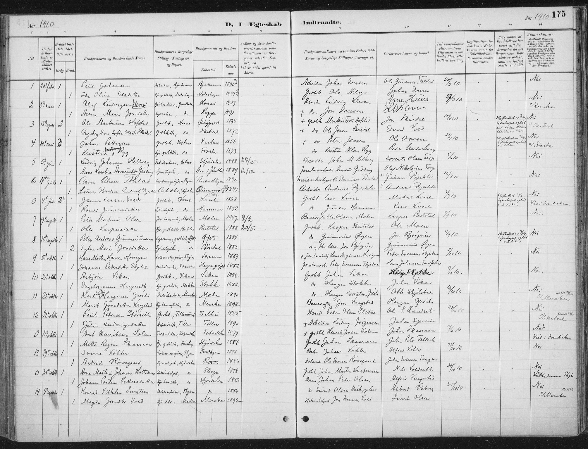 Ministerialprotokoller, klokkerbøker og fødselsregistre - Nord-Trøndelag, SAT/A-1458/709/L0082: Parish register (official) no. 709A22, 1896-1916, p. 175