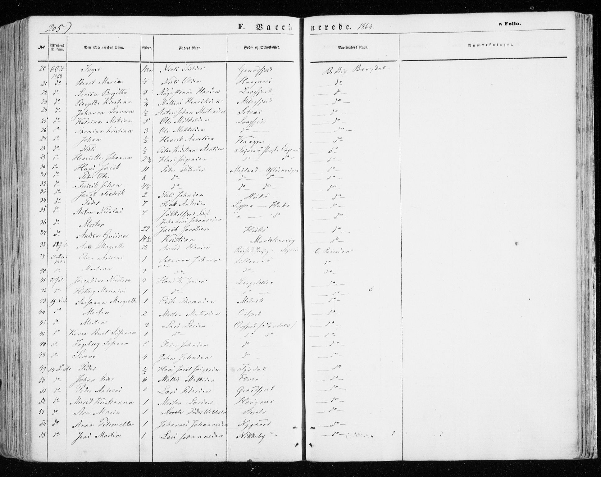 Skjervøy sokneprestkontor, SATØ/S-1300/H/Ha/Haa/L0007kirke: Parish register (official) no. 7, 1860-1870, p. 205