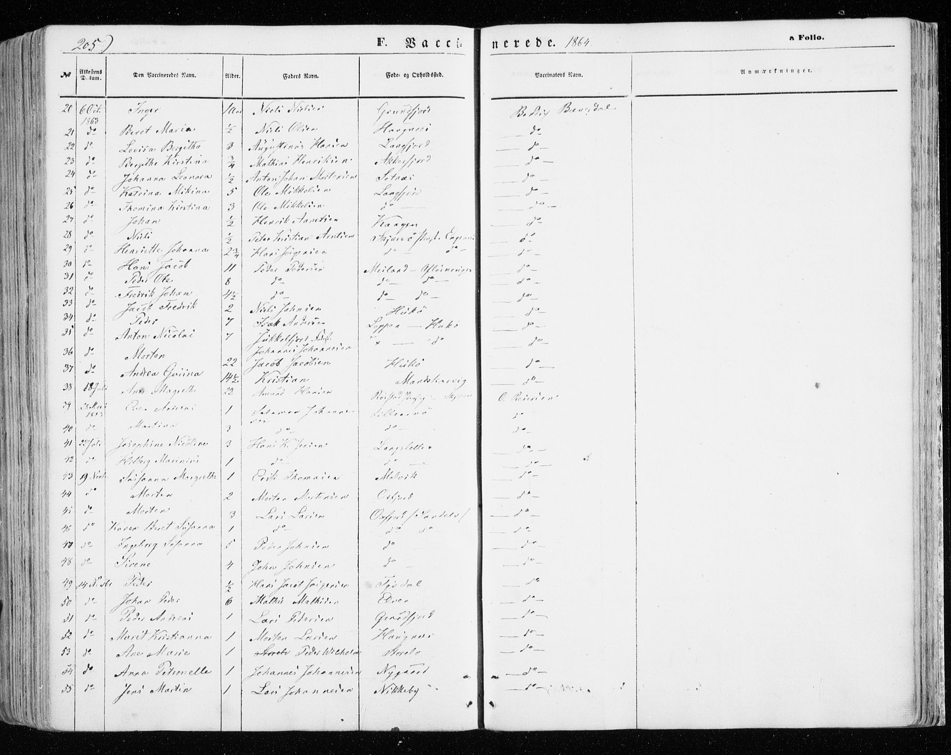 Skjervøy sokneprestkontor, AV/SATØ-S-1300/H/Ha/Haa/L0007kirke: Parish register (official) no. 7, 1860-1870, p. 205