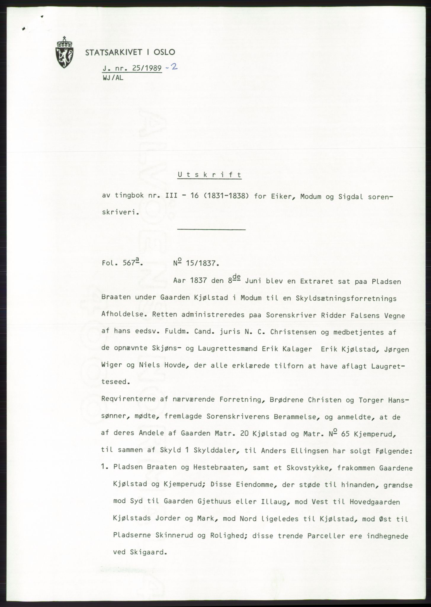 Statsarkivet i Kongsberg, AV/SAKO-A-0001/E/Ee/L0094: Avskrifter, SAO jnr. 25/1989 - 4372/1989, 1989, p. 5