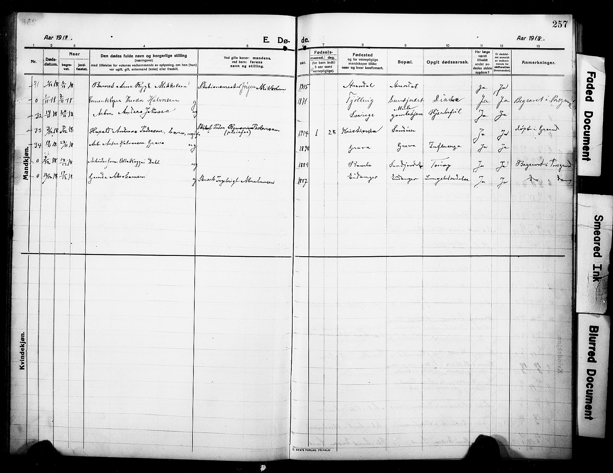 Eidanger kirkebøker, AV/SAKO-A-261/G/Ga/L0004: Parish register (copy) no. 4, 1912-1927, p. 257