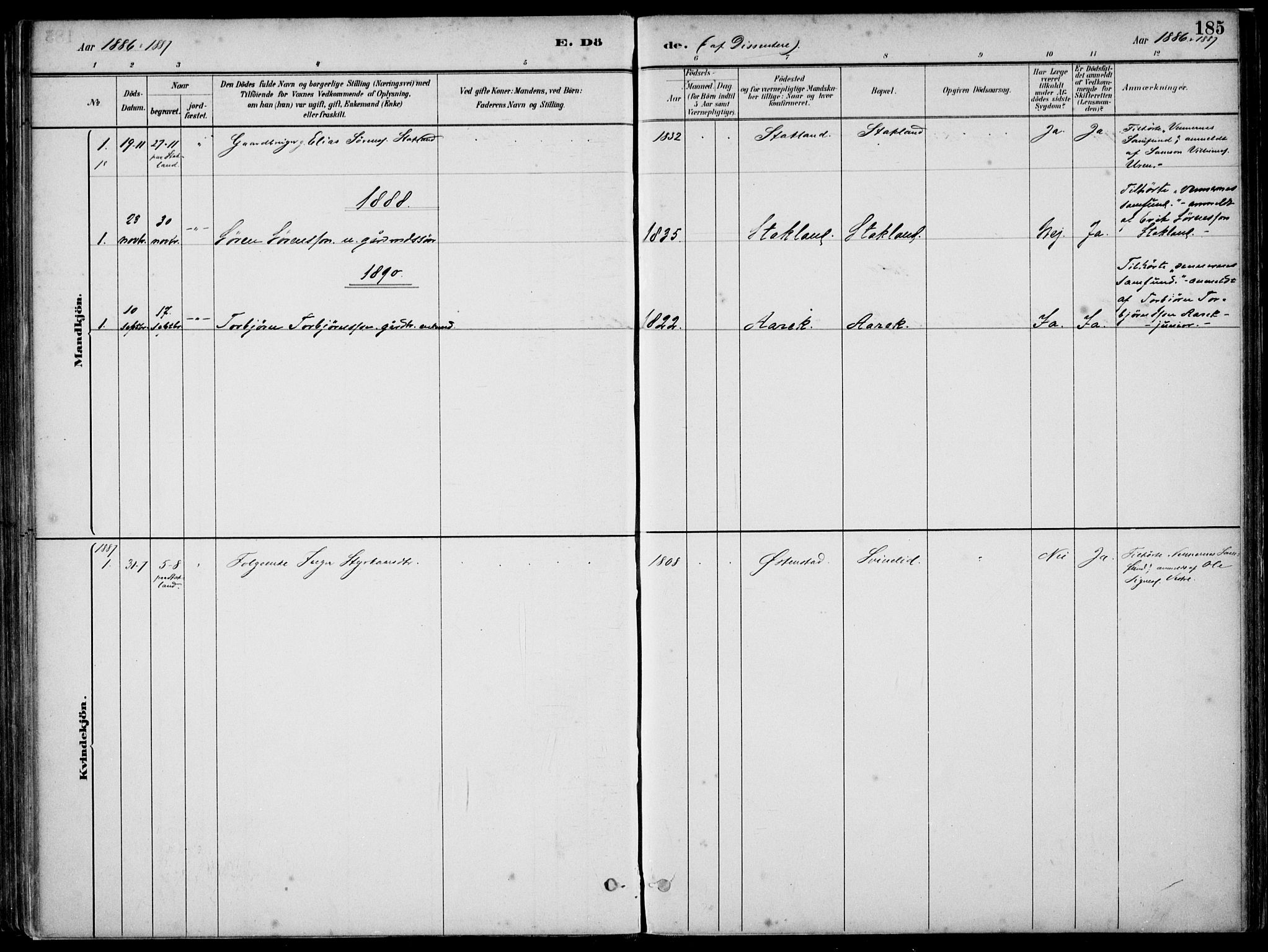 Skjold sokneprestkontor, SAST/A-101847/H/Ha/Haa/L0010: Parish register (official) no. A 10, 1882-1897, p. 185