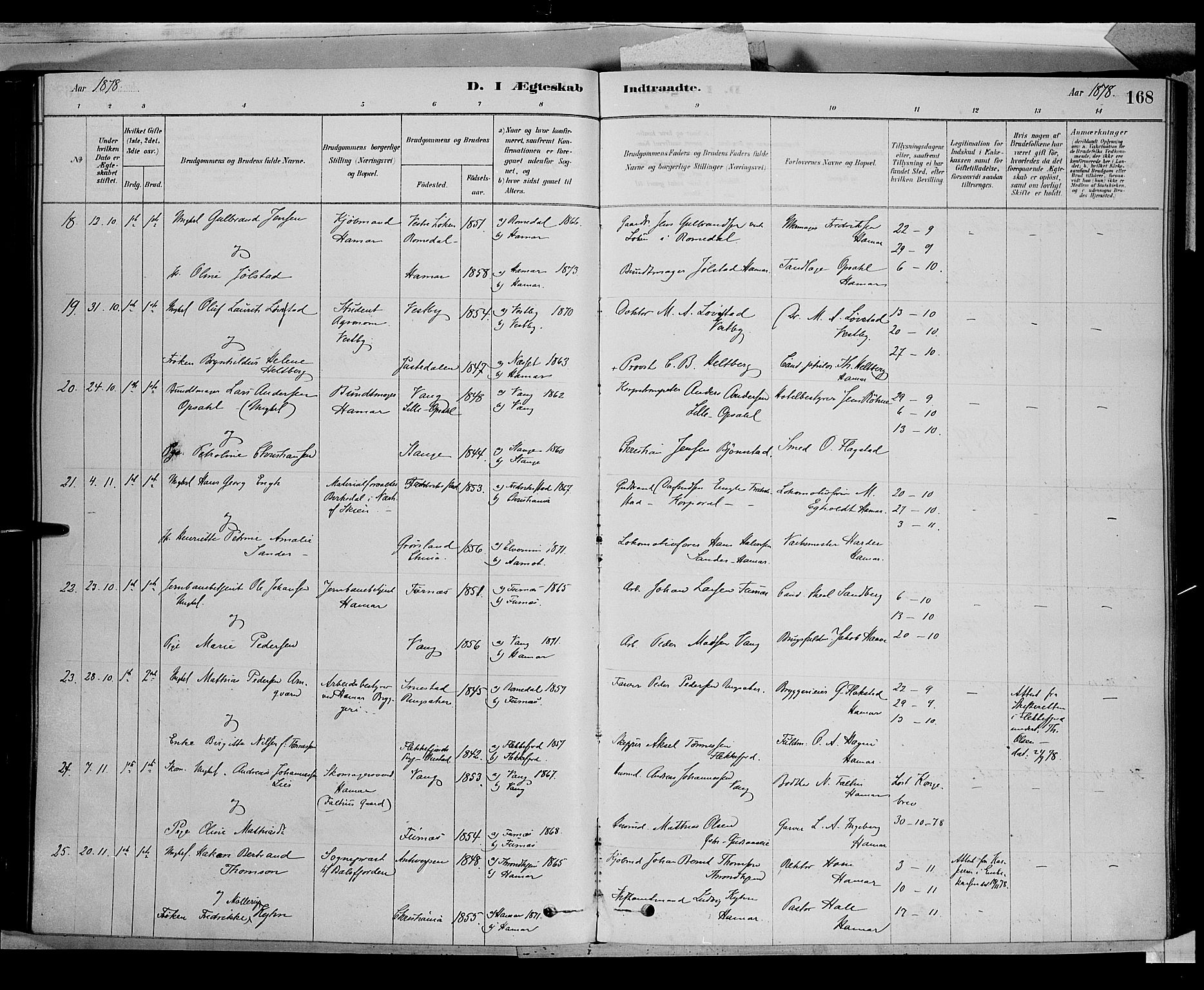 Vang prestekontor, Hedmark, AV/SAH-PREST-008/H/Ha/Haa/L0016: Parish register (official) no. 16, 1878-1889, p. 168