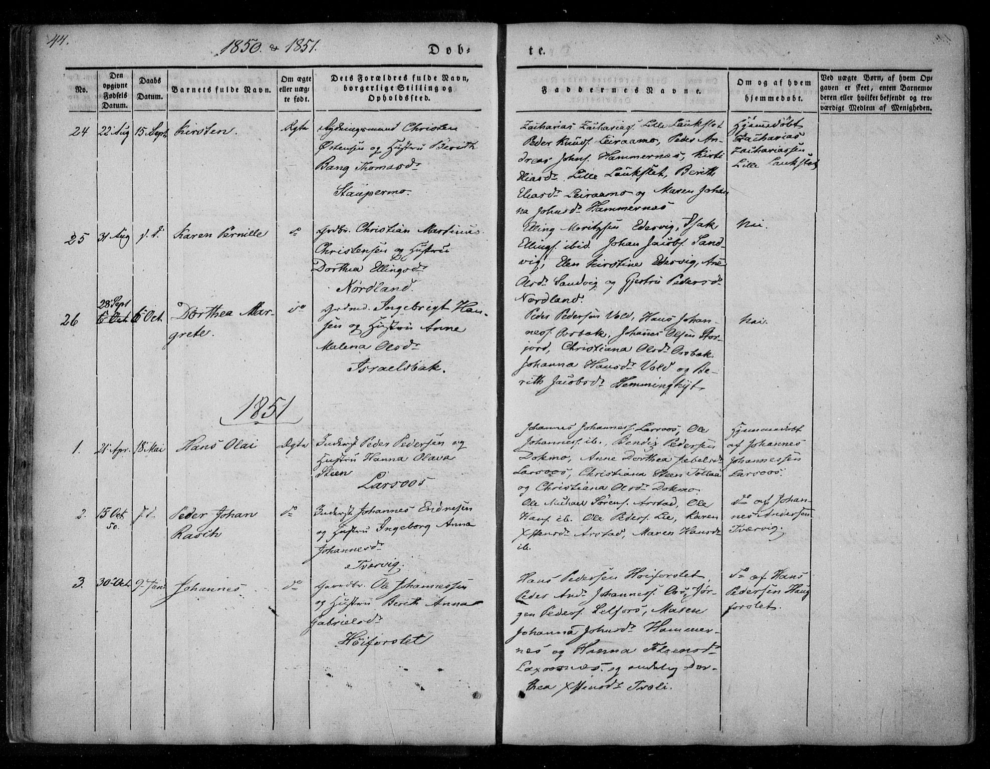 Ministerialprotokoller, klokkerbøker og fødselsregistre - Nordland, AV/SAT-A-1459/846/L0644: Parish register (official) no. 846A02, 1837-1872, p. 44