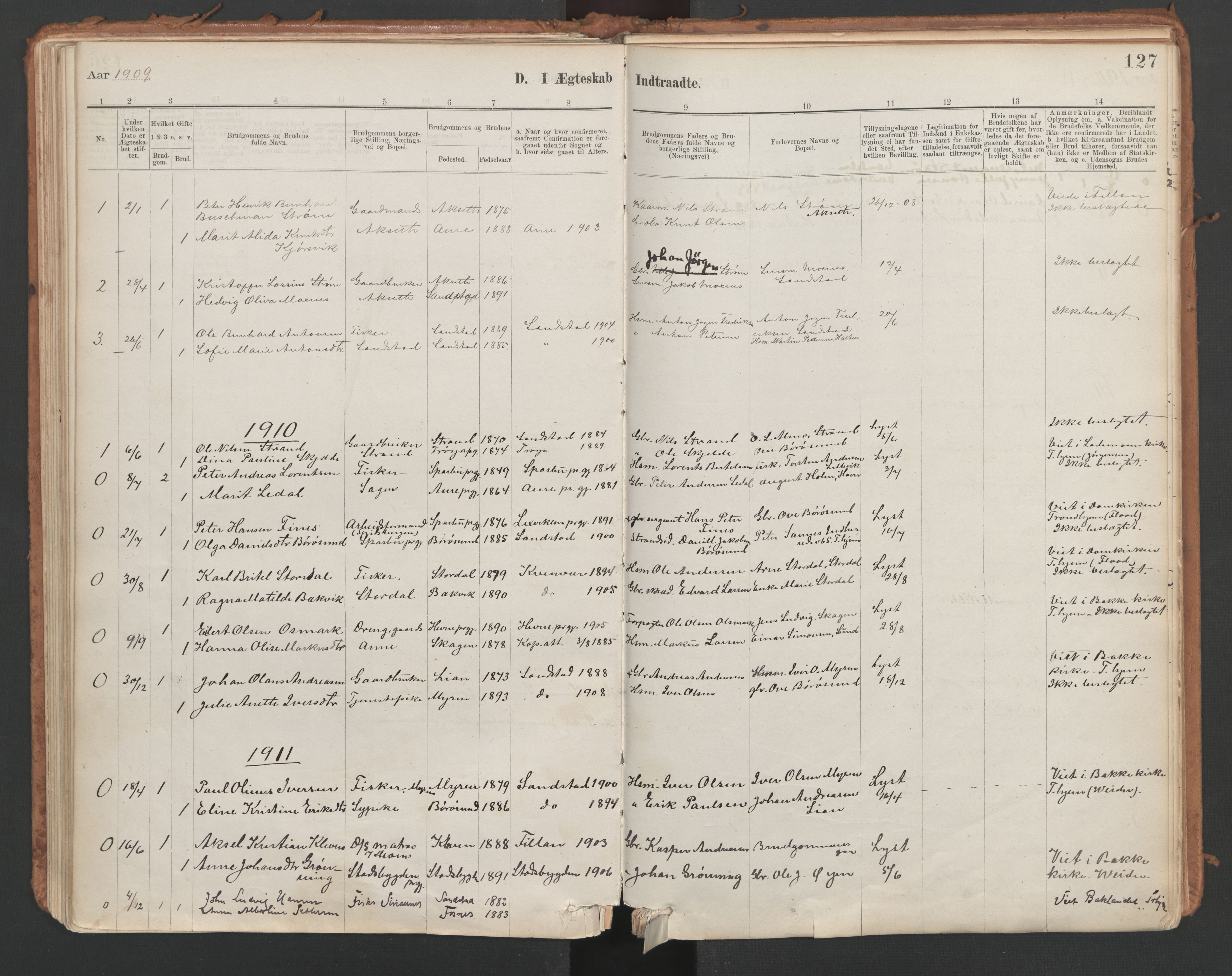 Ministerialprotokoller, klokkerbøker og fødselsregistre - Sør-Trøndelag, SAT/A-1456/639/L0572: Parish register (official) no. 639A01, 1890-1920, p. 127