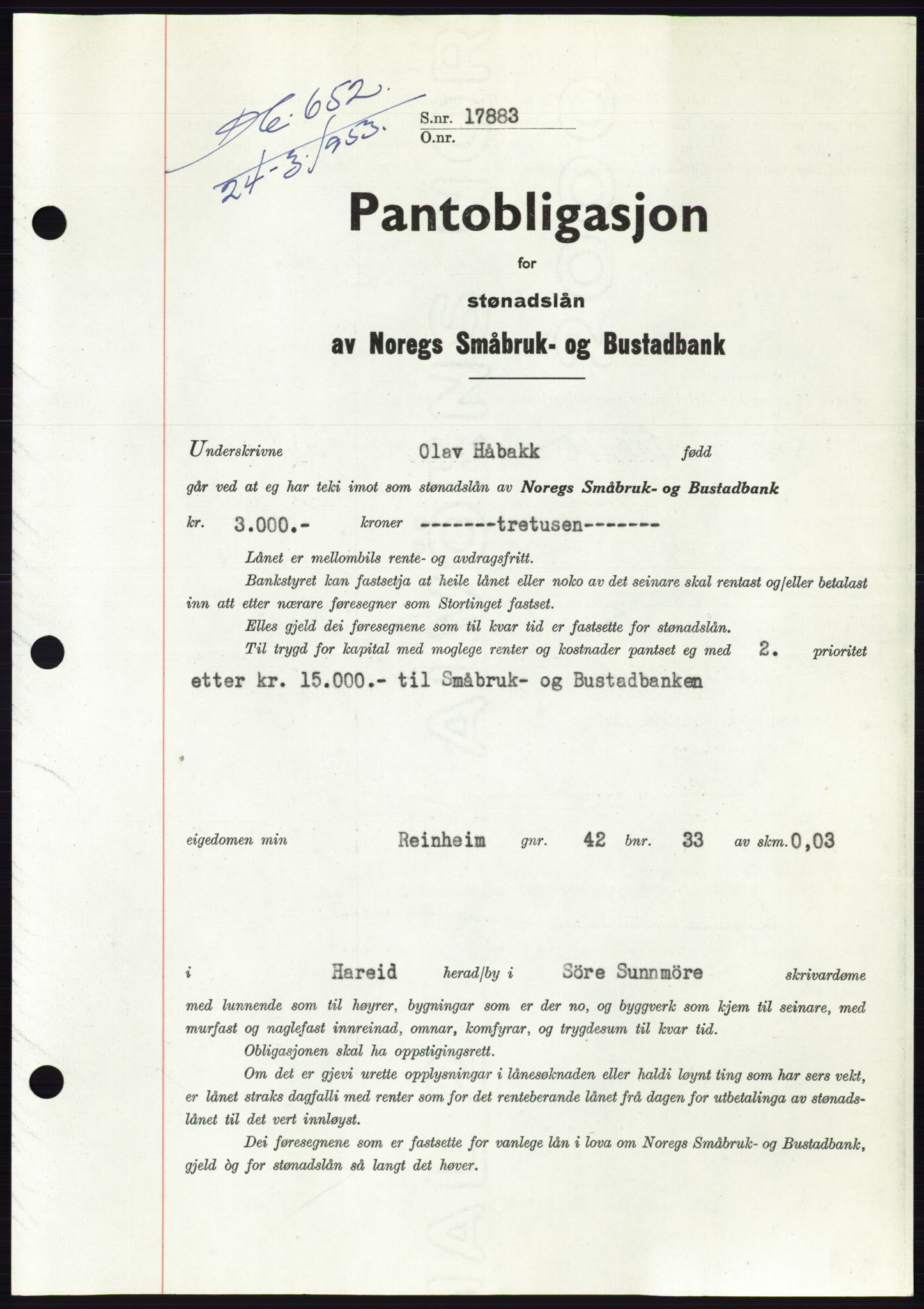 Søre Sunnmøre sorenskriveri, SAT/A-4122/1/2/2C/L0123: Mortgage book no. 11B, 1953-1953, Diary no: : 652/1953