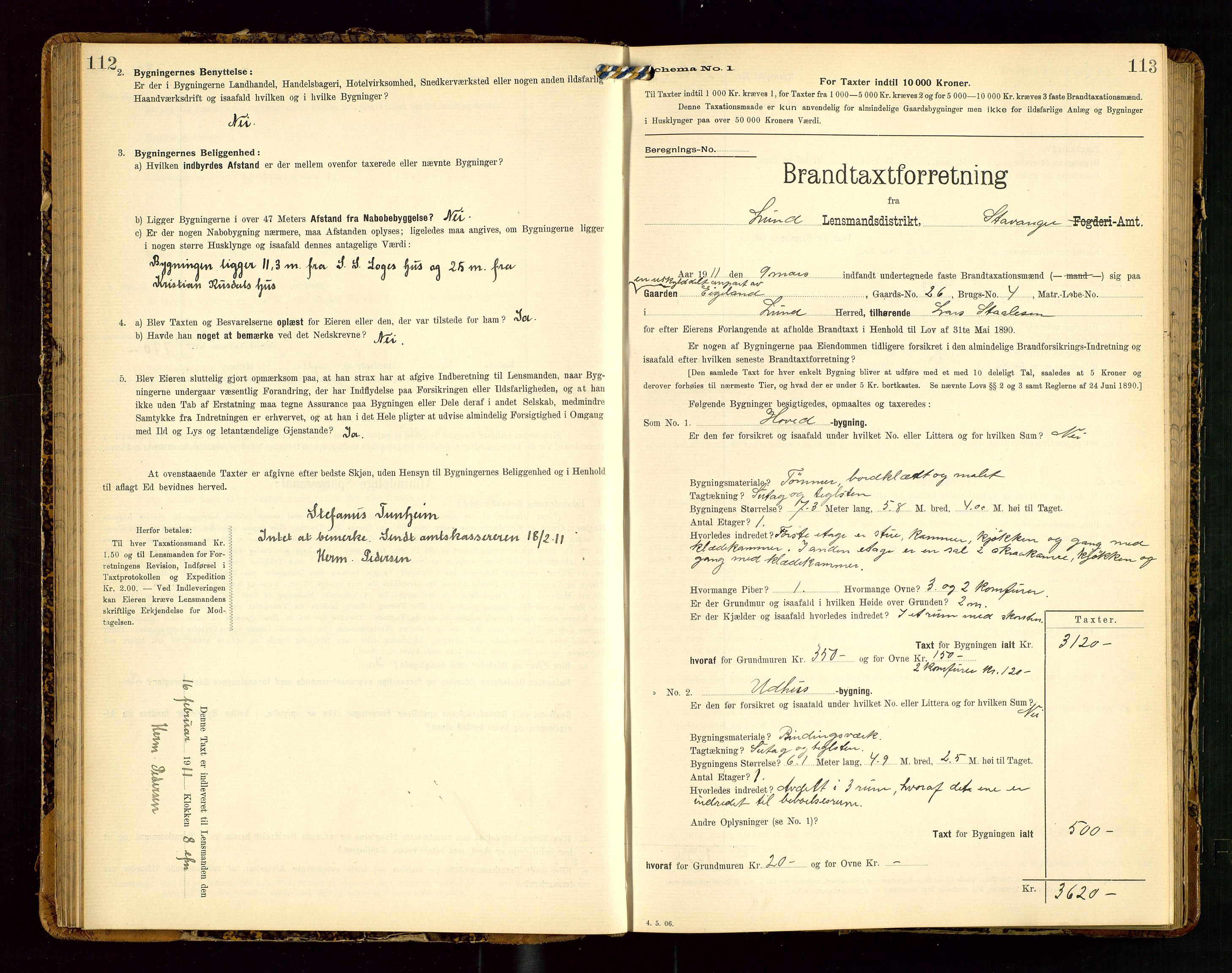 Lund lensmannskontor, SAST/A-100303/Gob/L0002: "Brandtakstprotokol", 1908-1918, p. 112-113