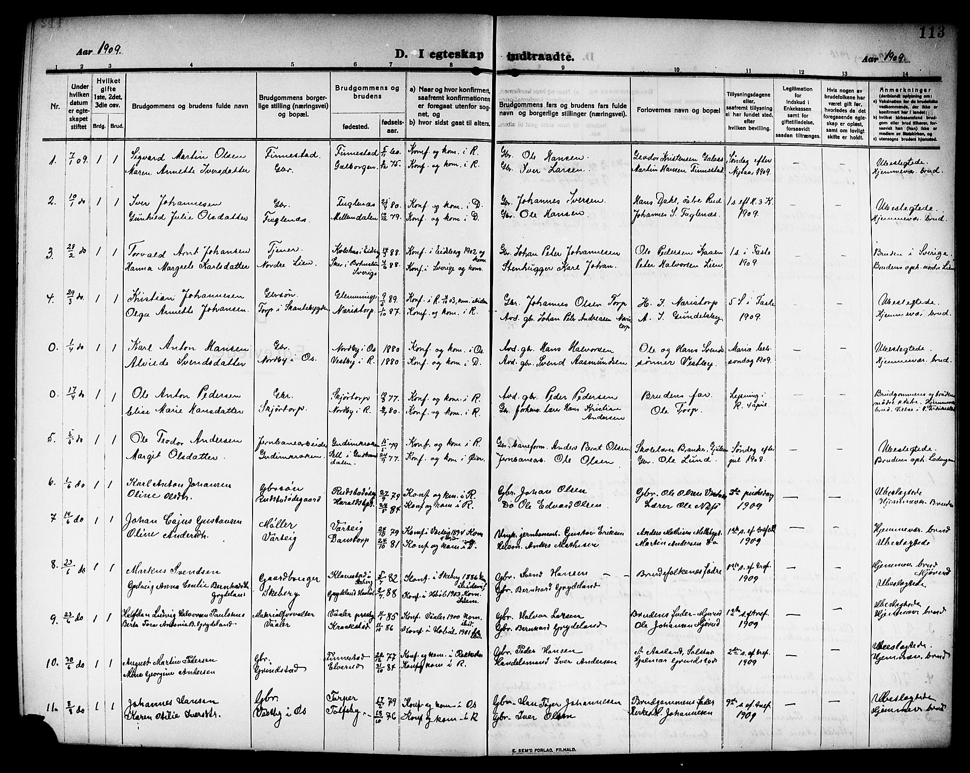 Rakkestad prestekontor Kirkebøker, AV/SAO-A-2008/G/Ga/L0001: Parish register (copy) no. I 1, 1909-1920, p. 113