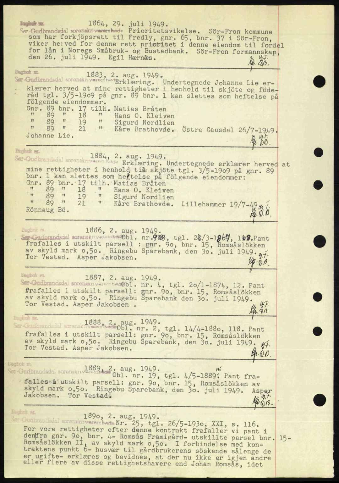 Sør-Gudbrandsdal tingrett, SAH/TING-004/H/Hb/Hbf/L0004: Mortgage book no. C5b, 1945-1951, Diary no: : 1864/1949