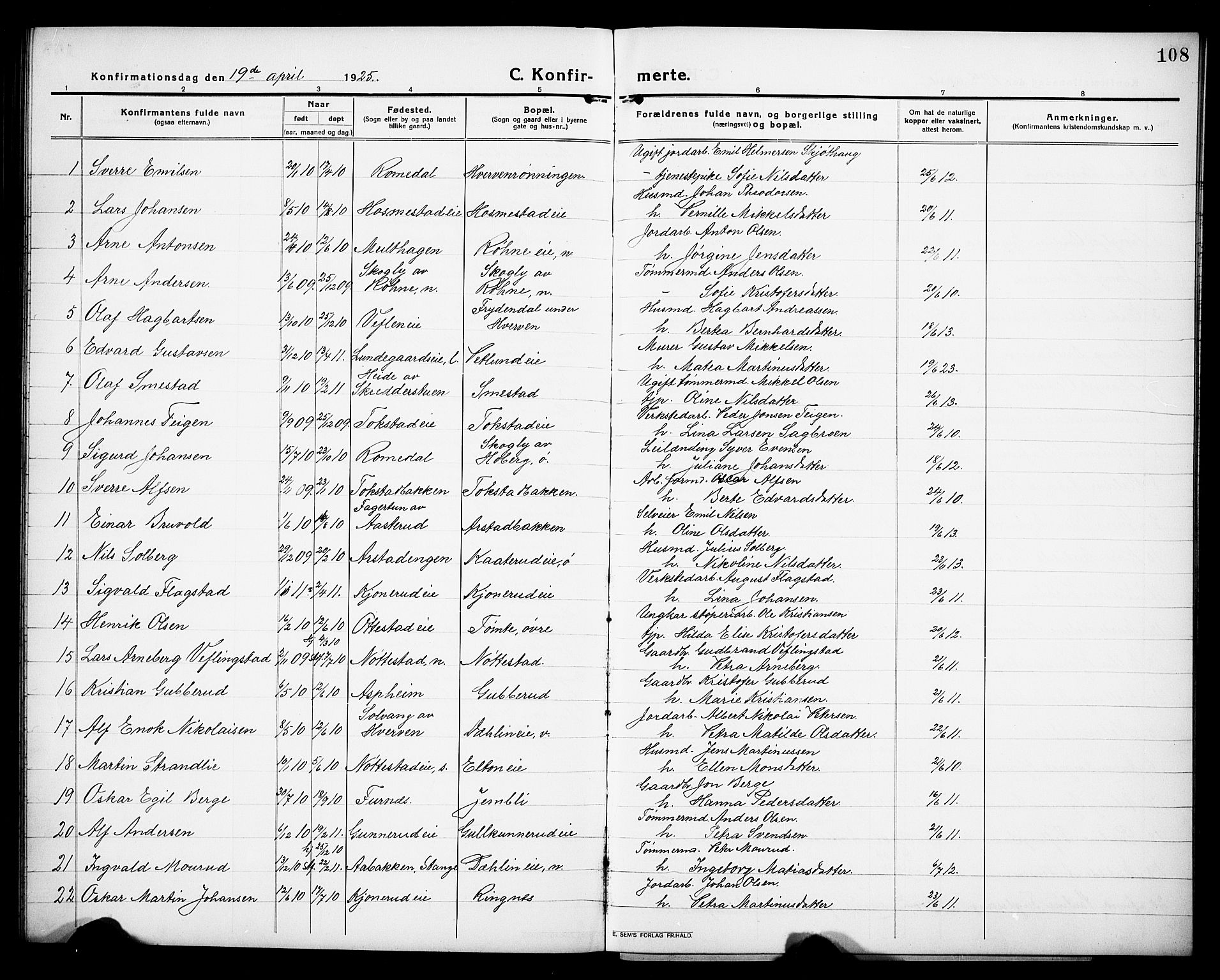 Stange prestekontor, AV/SAH-PREST-002/L/L0015: Parish register (copy) no. 15, 1916-1928, p. 108