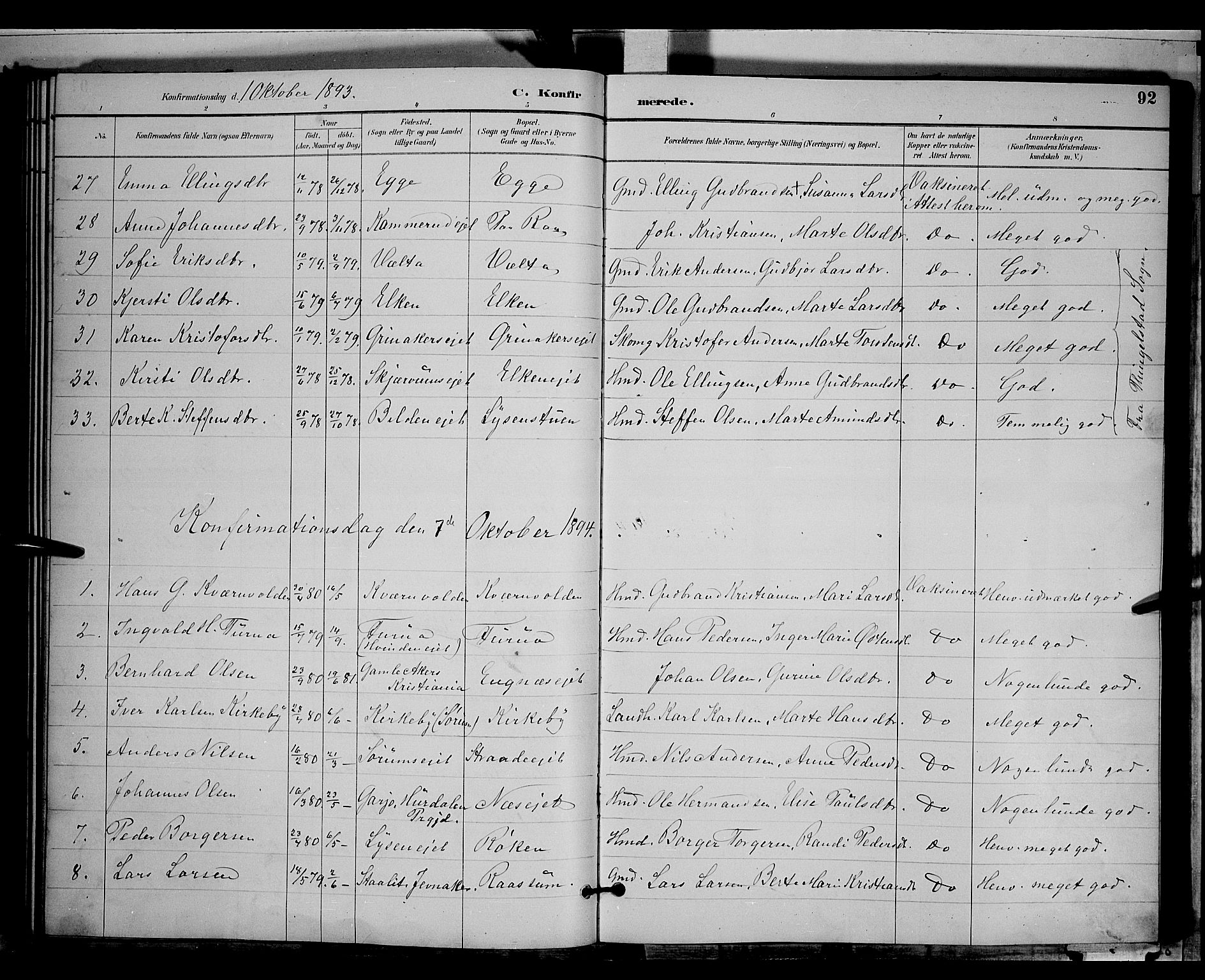 Gran prestekontor, SAH/PREST-112/H/Ha/Hab/L0004: Parish register (copy) no. 4, 1890-1899, p. 92