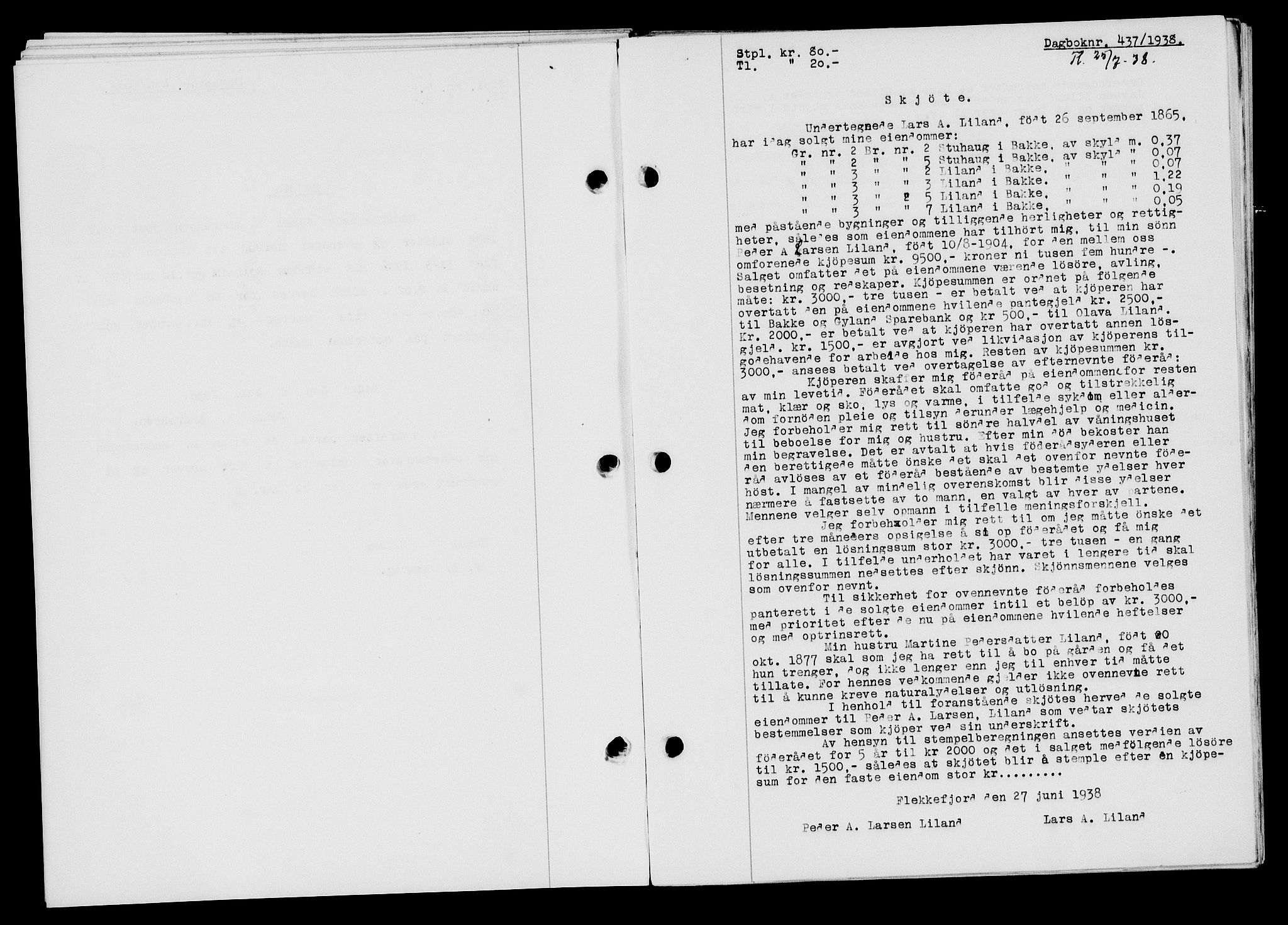 Flekkefjord sorenskriveri, SAK/1221-0001/G/Gb/Gba/L0054: Mortgage book no. A-2, 1937-1938, Diary no: : 437/1938