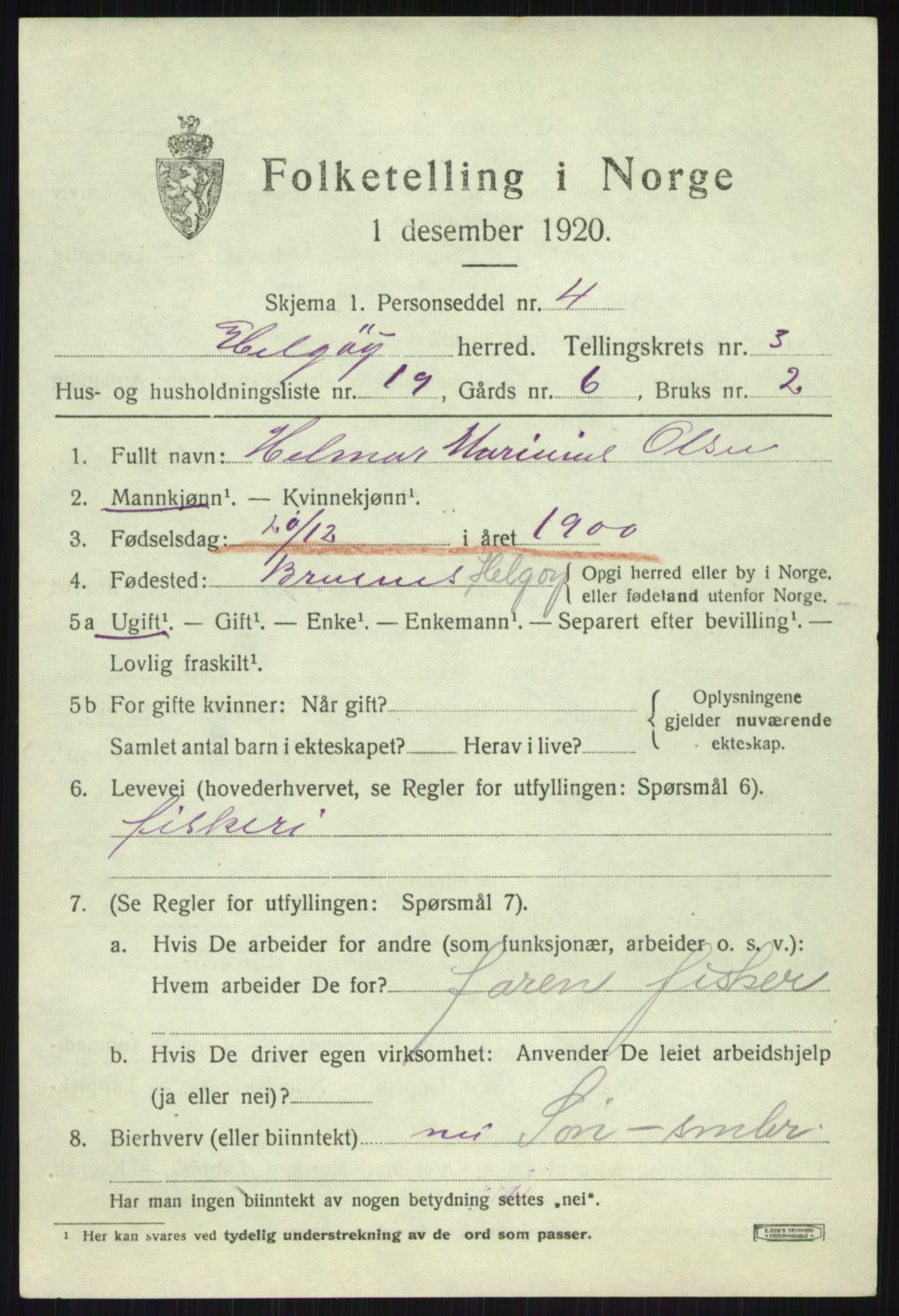 SATØ, 1920 census for Helgøy, 1920, p. 1633