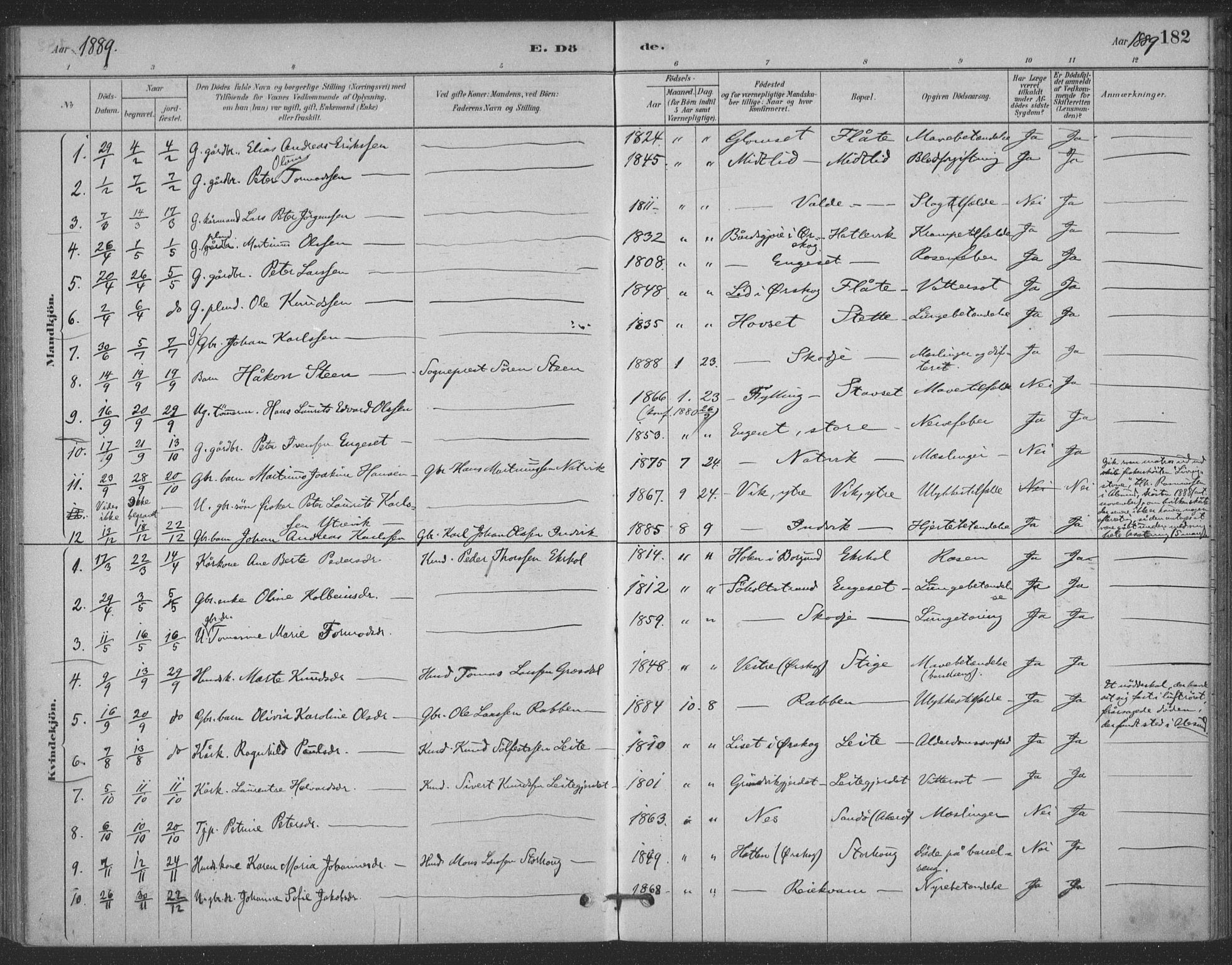 Ministerialprotokoller, klokkerbøker og fødselsregistre - Møre og Romsdal, AV/SAT-A-1454/524/L0356: Parish register (official) no. 524A08, 1880-1899, p. 182